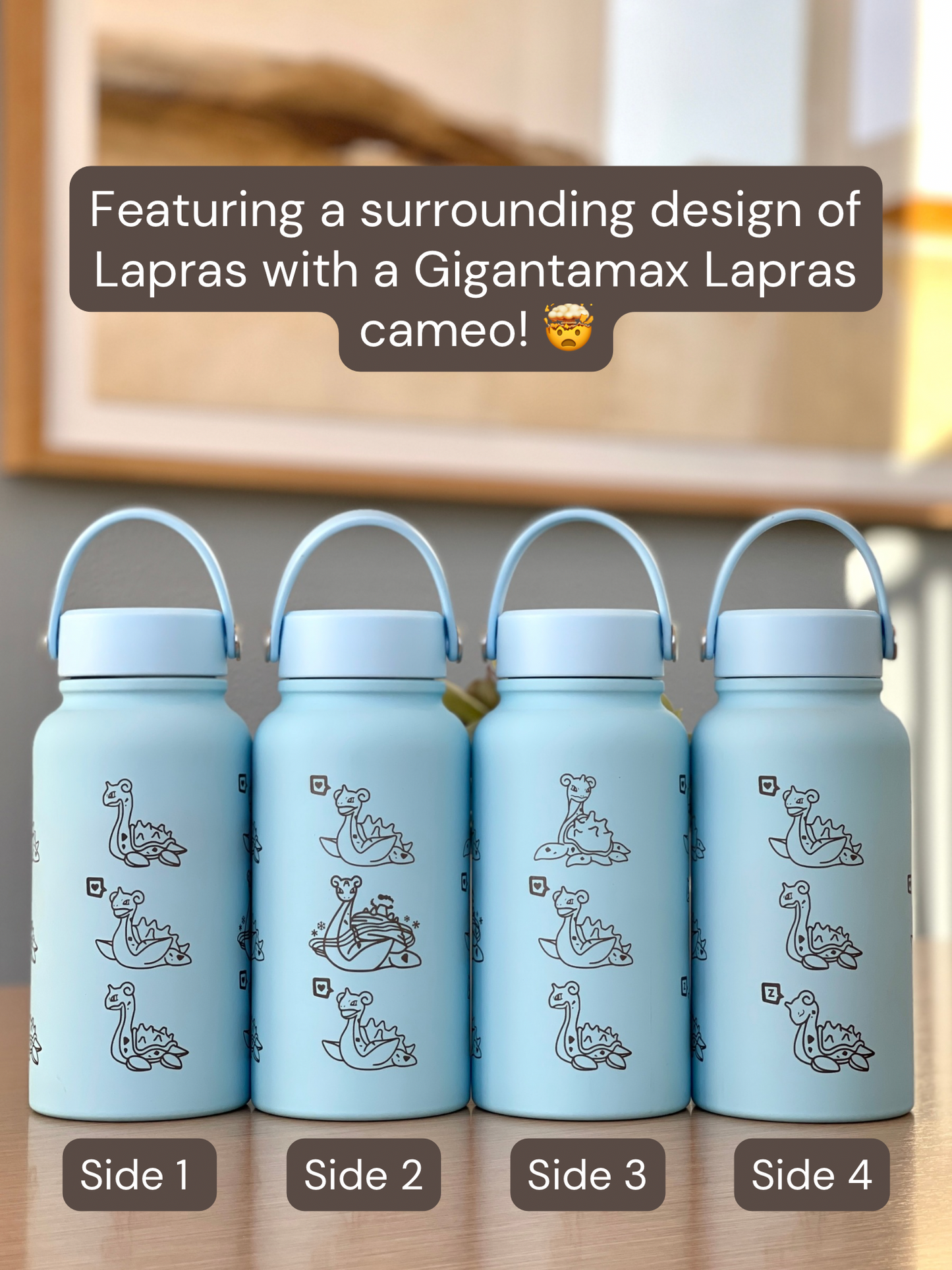 Lapras Water Bottle Engraved Waterbottle with Gigantamax & Sleeping Lapras Coffee Tumbler Thermos Flask, Gamer Anniversary Gift