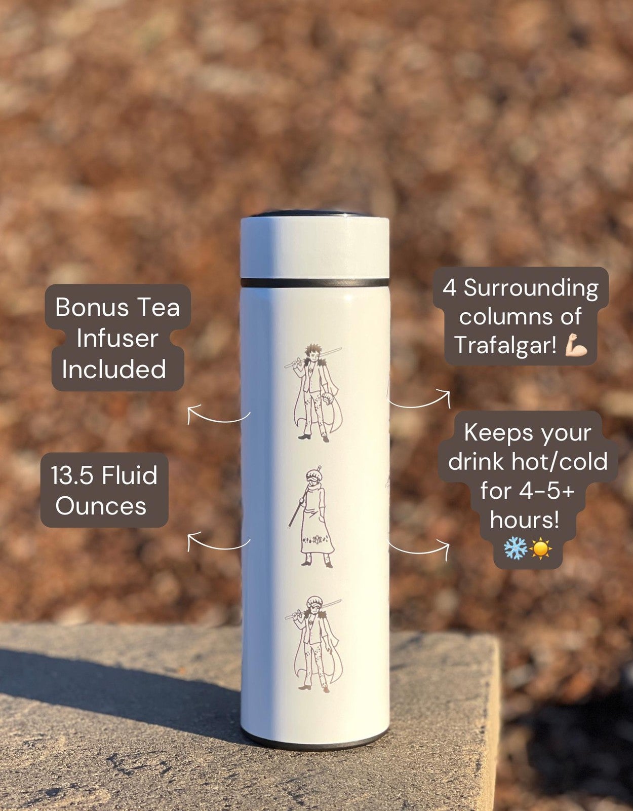 Trafalgar One Piece Coffee Tumbler with Tea Infuser Engraved Water Bottle, Ope