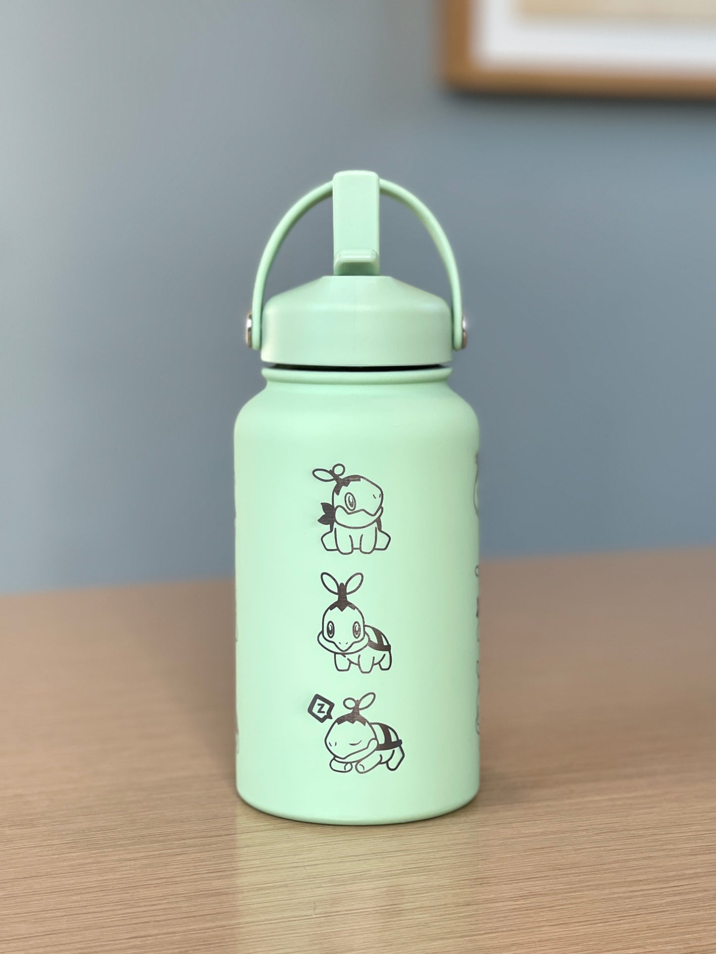 Turtwig Water Bottle Engraved Coffee Tumbler with Sleeping & Angry Turtwig Maid, Waterbottle, Grass Starter Thermos Anime Fan Birthday Gift