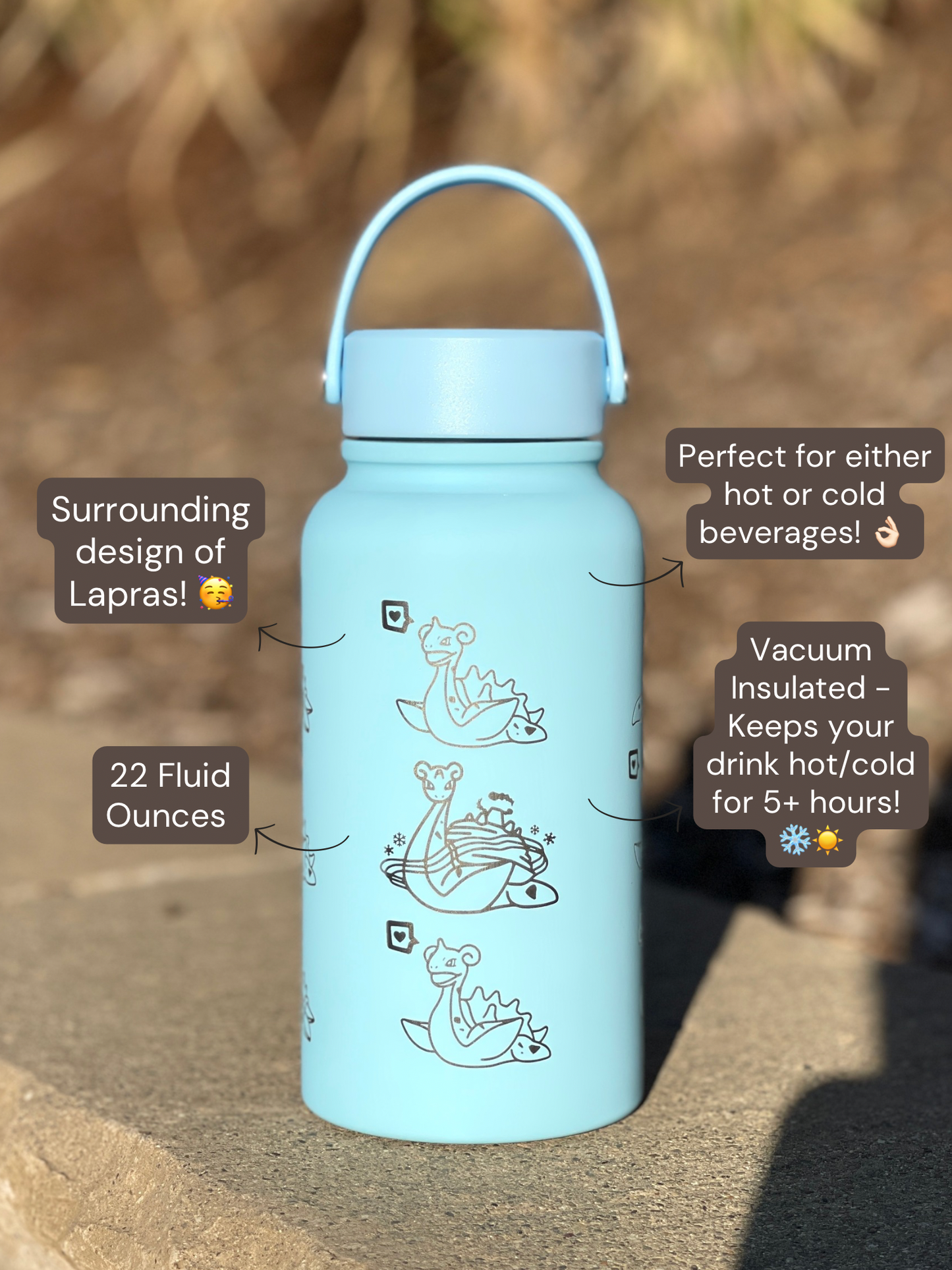 Lapras Water Bottle Engraved Waterbottle with Gigantamax & Sleeping Lapras Coffee Tumbler Thermos Flask, Gamer Anniversary Gift