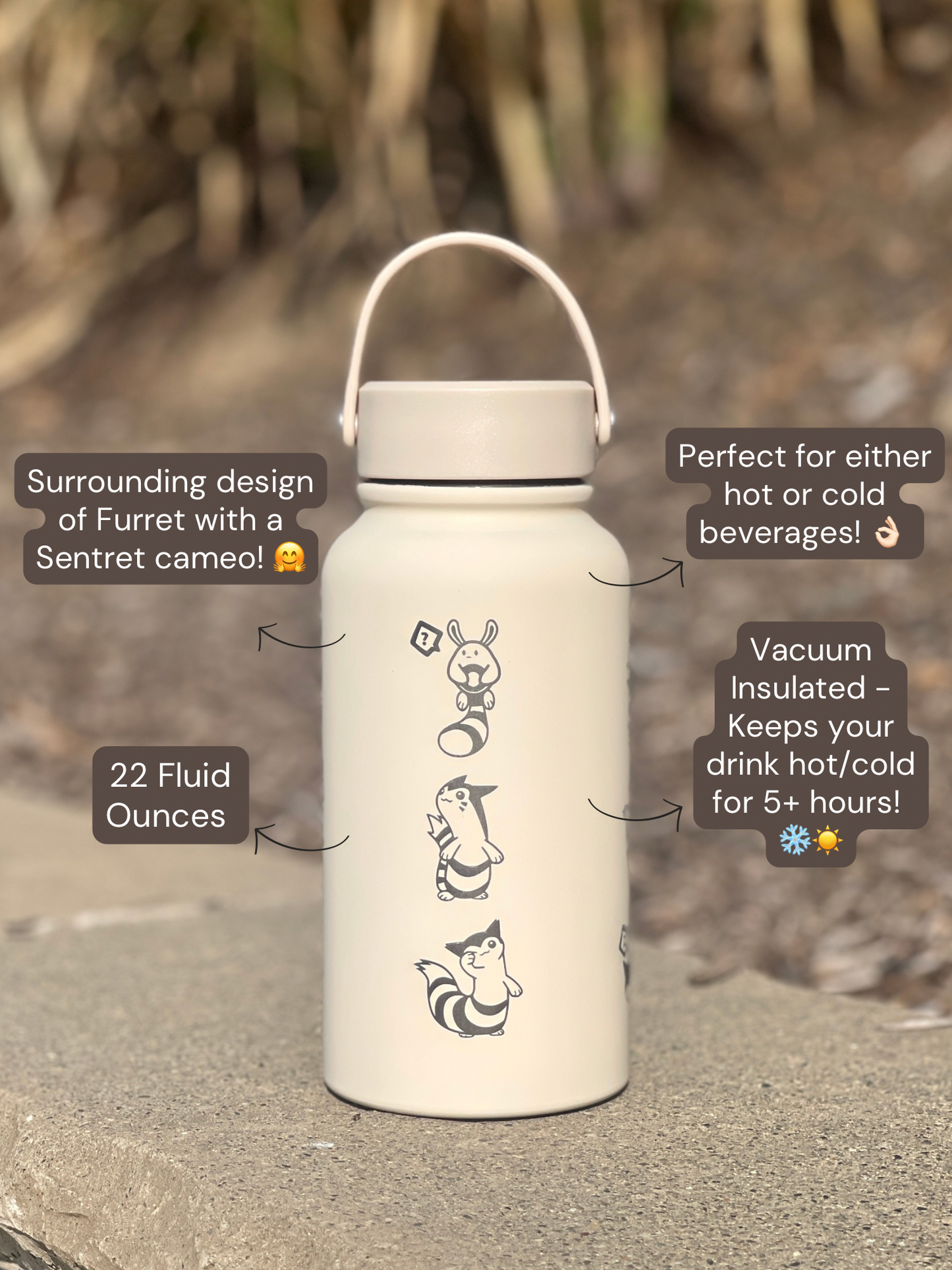 Furret Sentret Water Bottle Engraved Straw Waterbottle with Sleeping Furret, Cute Coffee Tumbler Thermos Flask, Gamer Anniversary Gift