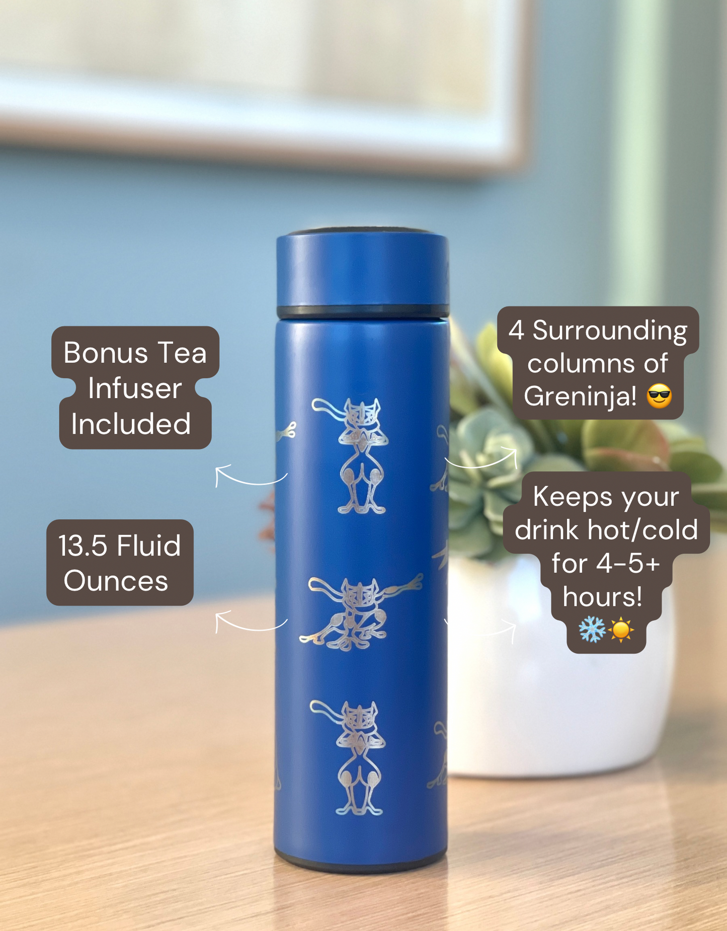 Greninja Coffee Tumbler Tea Infuser with Mega Greninja, Substitute and Ashs Greninja Water Bottle Thermos, Anime Anniversary Gift