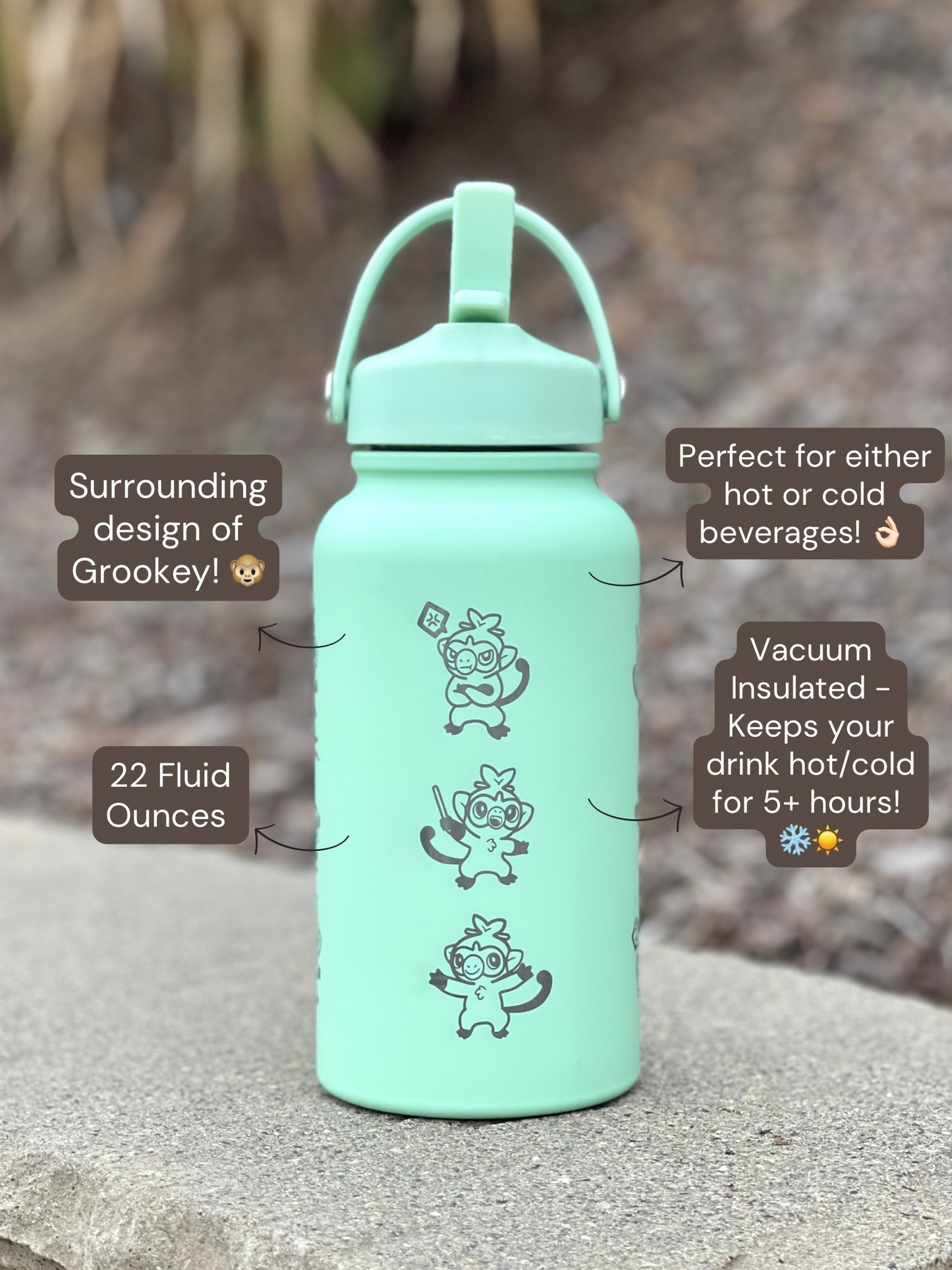 Grookey Water Bottle Engraved Coffee Tumbler with Sleeping & Angry Grookey, Grass Starter Thermos Anime Fan Birthday Gift