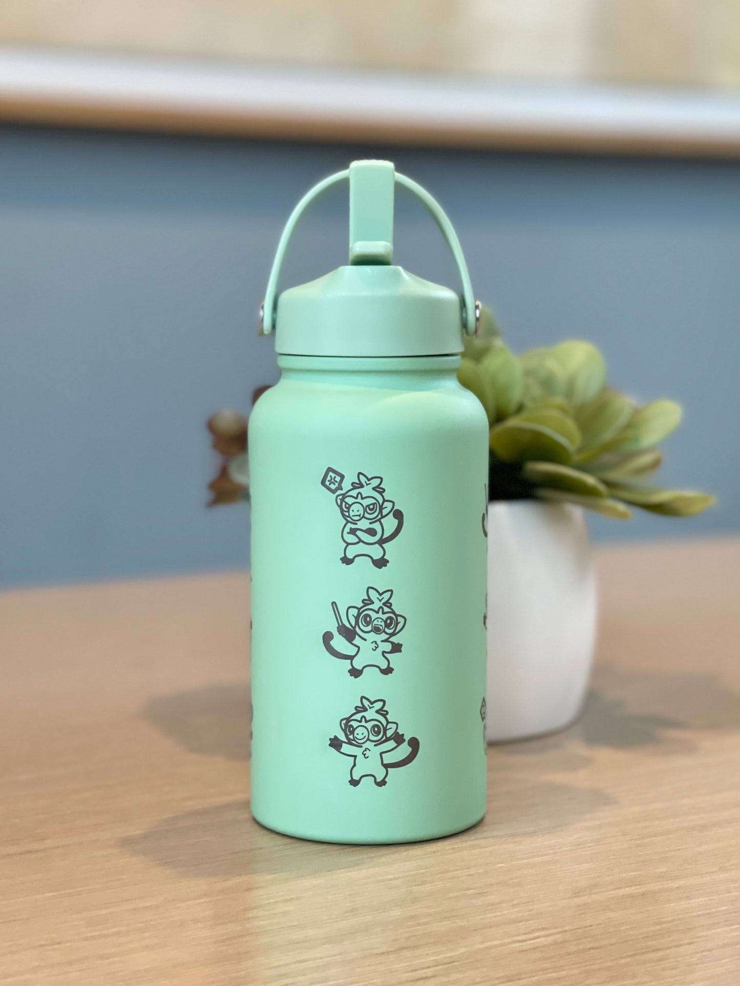 Grookey Water Bottle Engraved Coffee Tumbler with Sleeping & Angry Grookey, Grass Starter Thermos Anime Fan Birthday Gift