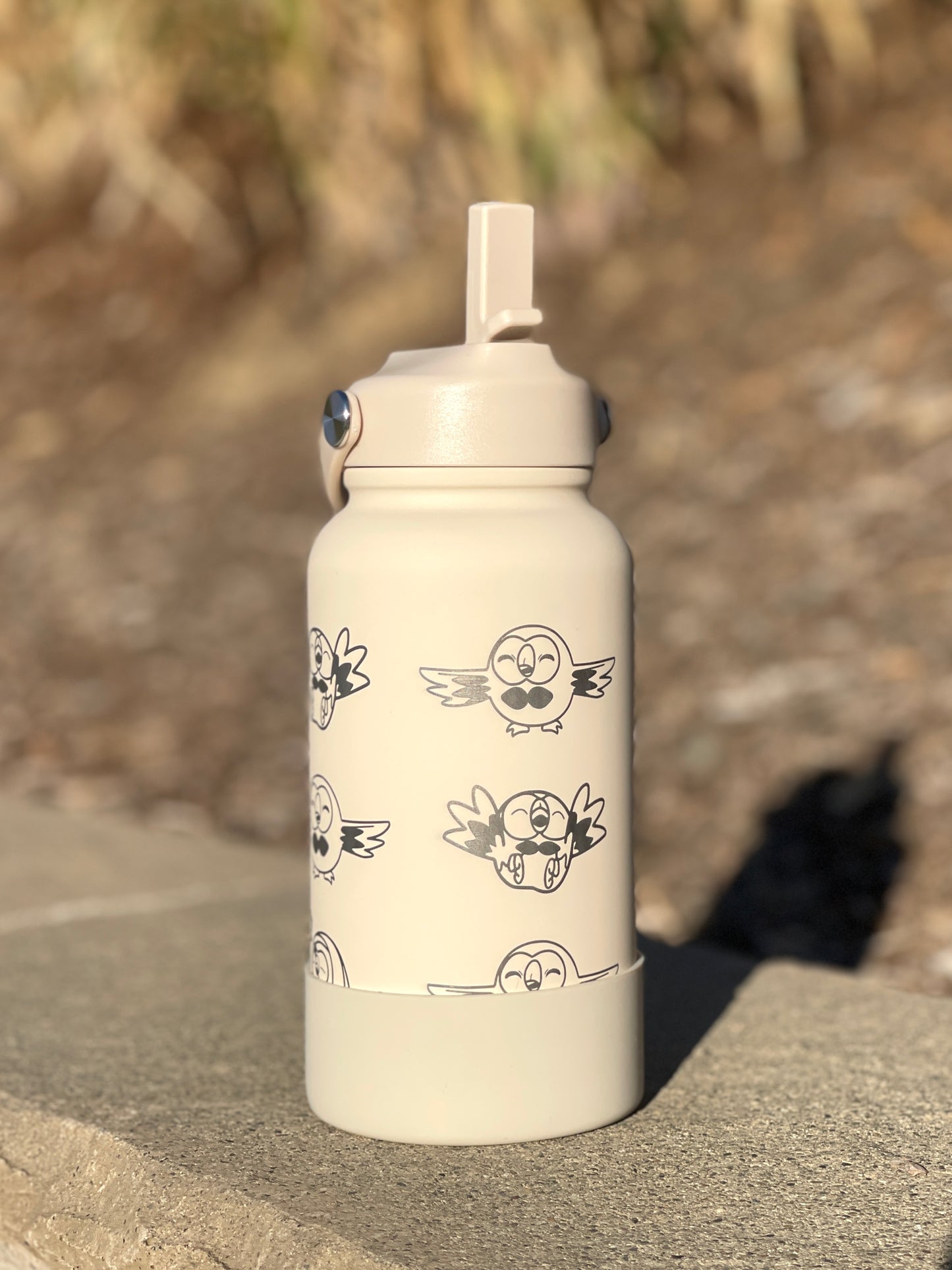 Rowlet Water Bottle Engraved Waterbottle, Alolan Grass Starter Coffee Tumbler Thermos Travel Mug, Cute Owl Gamer Anniversary Gift