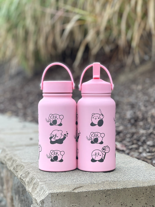 Kirby Water Bottle Engraved Waterbottle with Knife Kirby Warp Star & Hammer Coffee Tumbler Thermos, Gamer Anniversary Gift