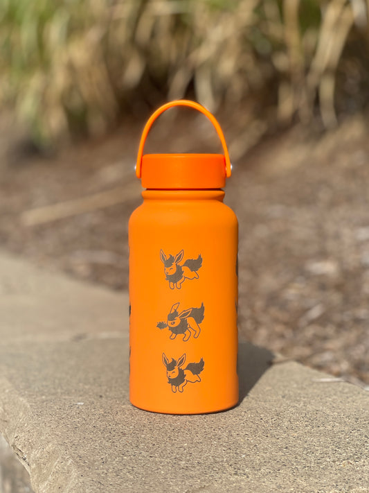 Flareon Water Bottle Engraved Coffee Tumbler with Cafe Top Hat and Flamethrower, Eevee Fire Evolution Waterbottle, Anime Fan Birthday Gift