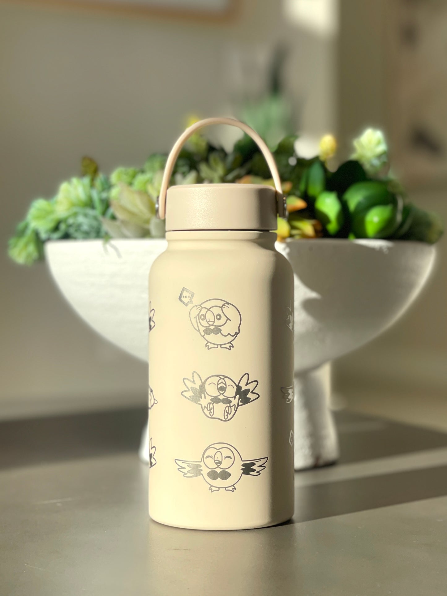 Rowlet Water Bottle Engraved Waterbottle, Alolan Grass Starter Coffee Tumbler Thermos Travel Mug, Cute Owl Gamer Anniversary Gift