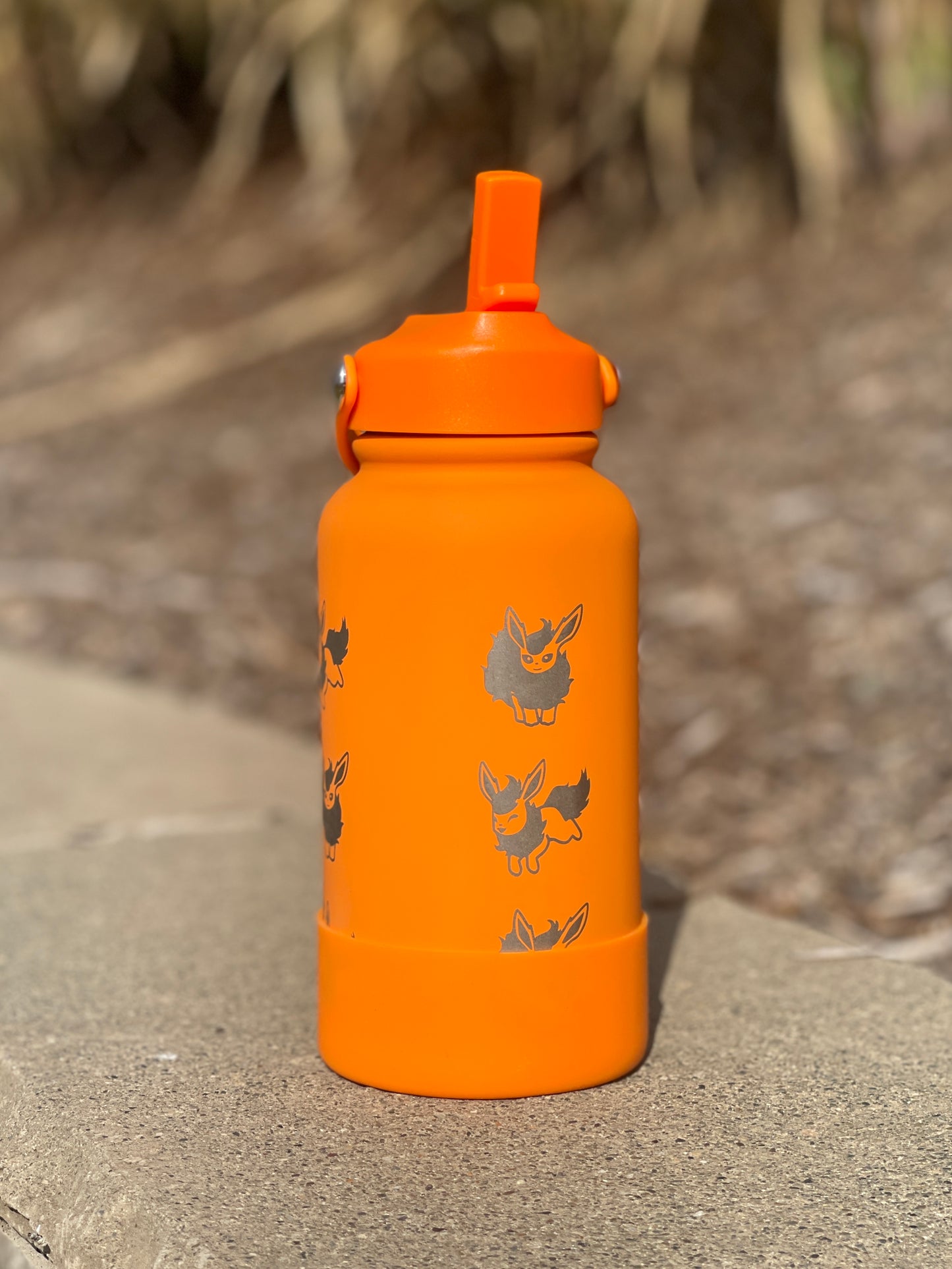 Flareon Water Bottle Engraved Coffee Tumbler with Cafe Top Hat and Flamethrower, Eevee Fire Evolution Waterbottle, Anime Fan Birthday Gift