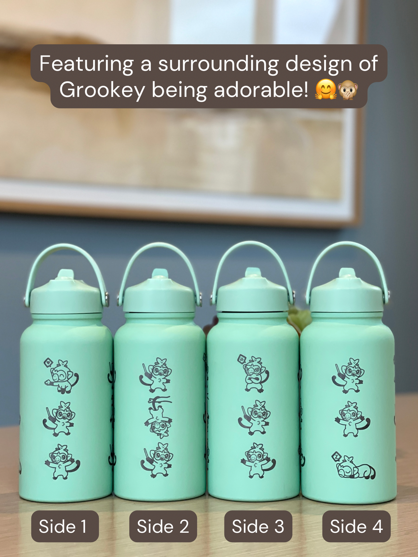 Grookey Water Bottle Engraved Coffee Tumbler with Sleeping & Angry Grookey, Grass Starter Thermos Anime Fan Birthday Gift