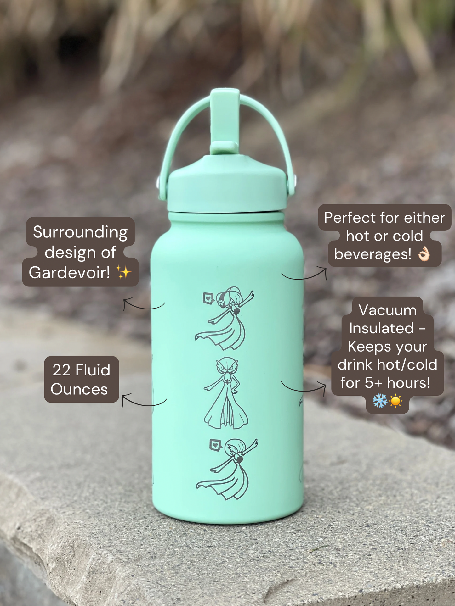 Gardevoir Water Bottle Engraved Coffee Tumbler with Mega Gardevoir Moonblast Waterbottle, Psychic Fairy Thermos Anime Fan Birthday Gift