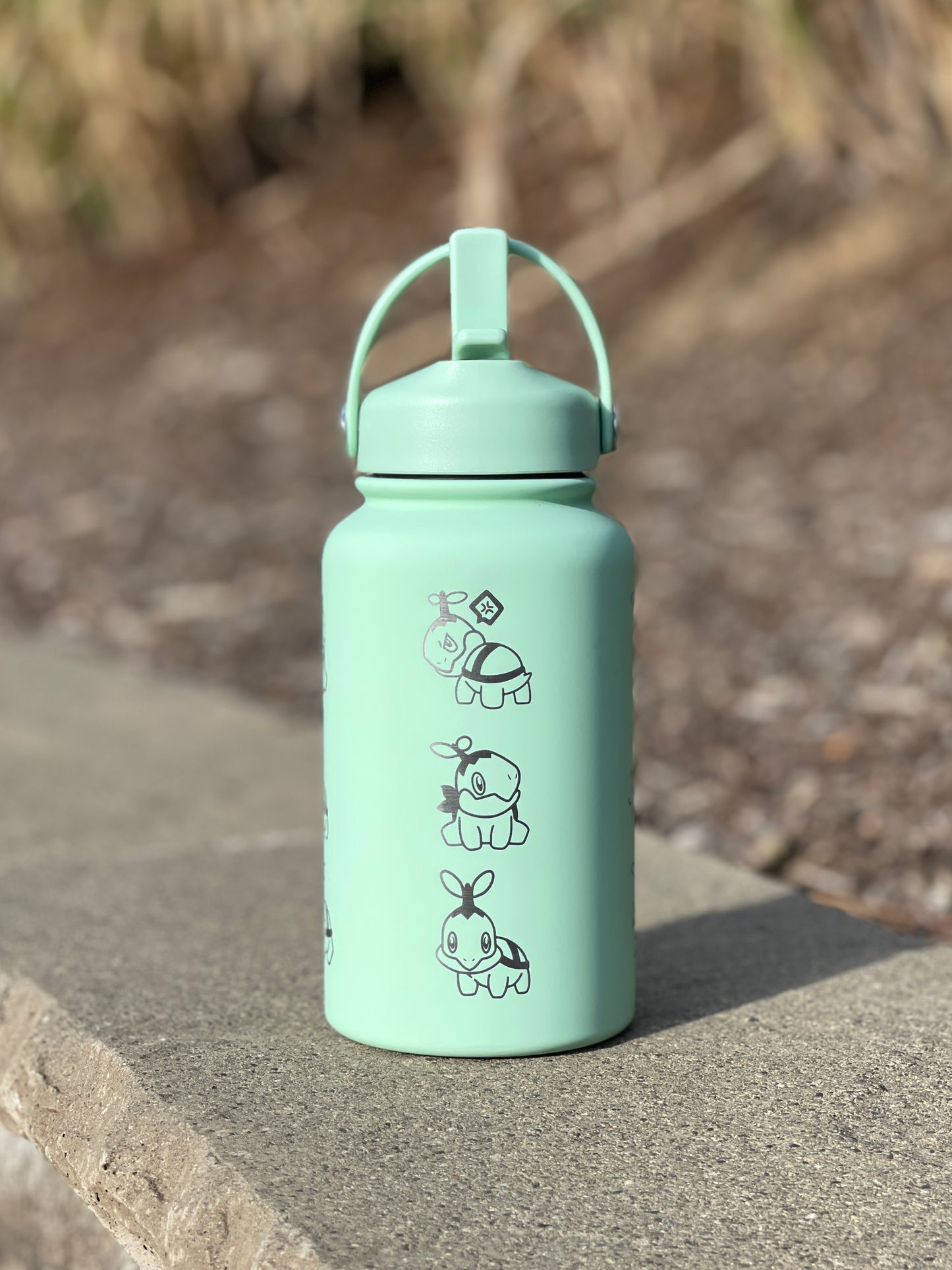 Turtwig Water Bottle Engraved Coffee Tumbler with Sleeping & Angry Turtwig Maid, Waterbottle, Grass Starter Thermos Anime Fan Birthday Gift