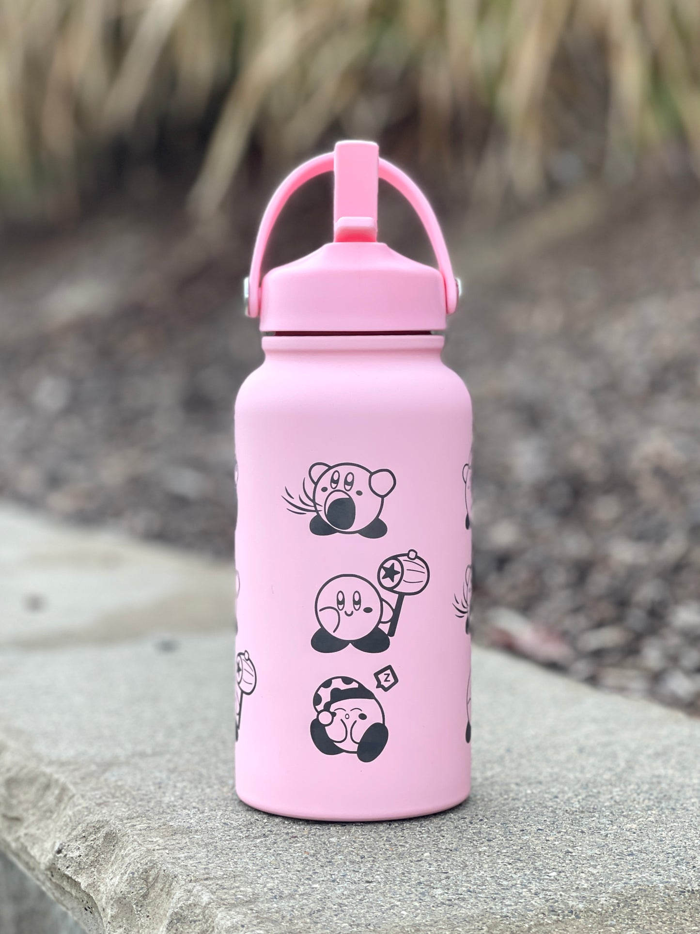 Kirby Water Bottle Engraved Waterbottle with Knife Kirby Warp Star & Hammer Coffee Tumbler Thermos, Gamer Anniversary Gift