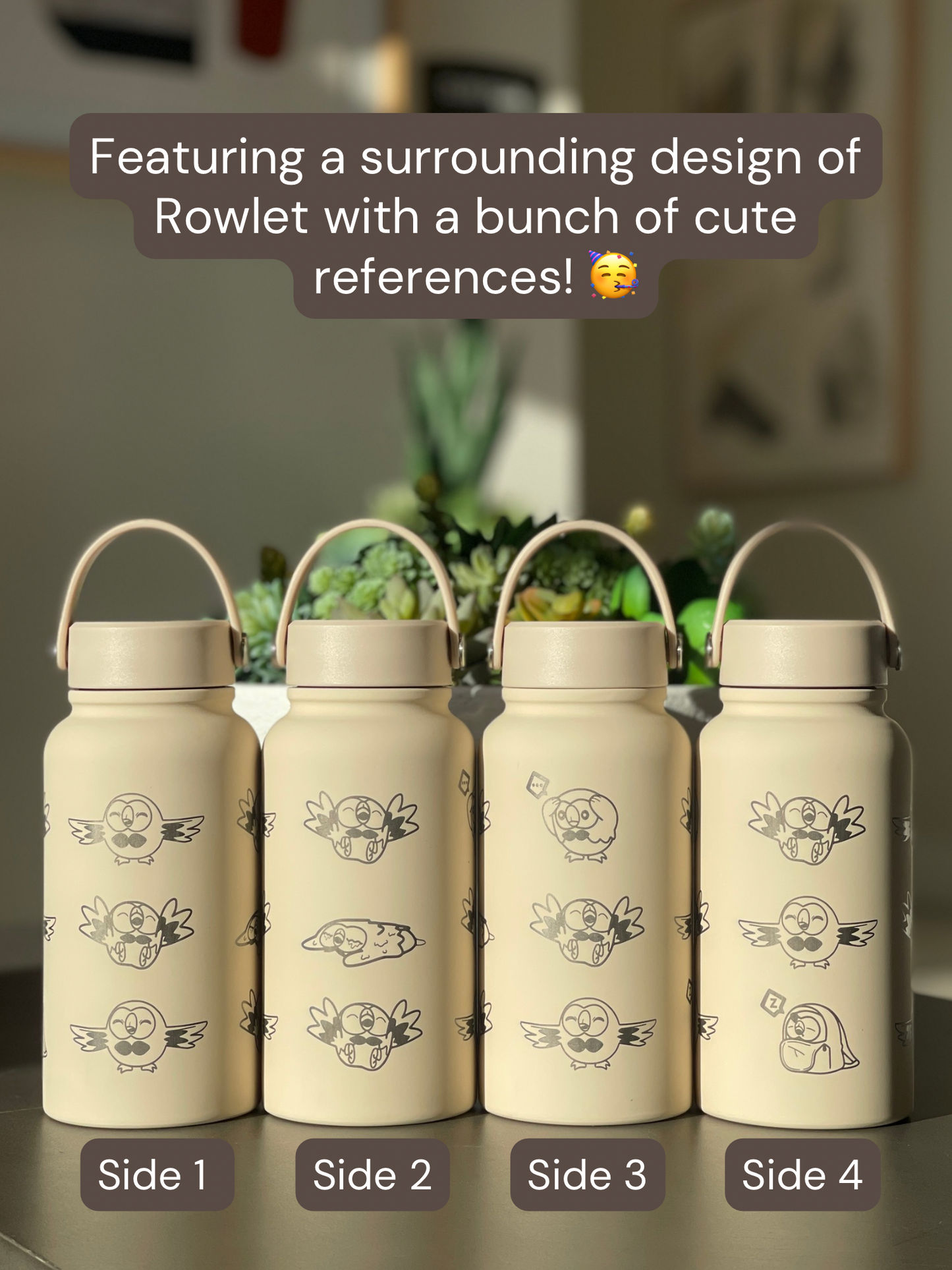Rowlet Water Bottle Engraved Waterbottle, Alolan Grass Starter Coffee Tumbler Thermos Travel Mug, Cute Owl Gamer Anniversary Gift