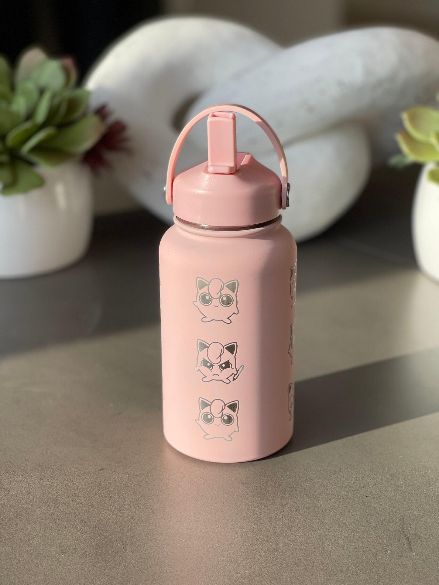 Cute Jigglypuff Tumbler Waterbottle with Mic Singing and Angry Jigglypuffs with Marker, Funny Pokemon Coffee Travel Mug Cup Birthday Gifts
