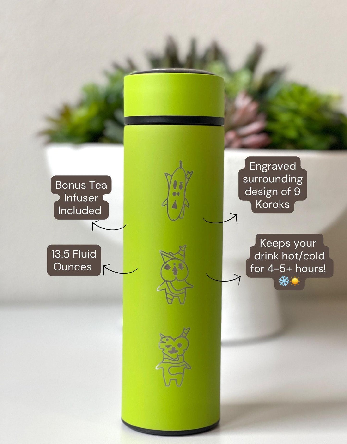 Korok Coffee Tumbler Tea Infuser Travel Mug, Legend of Zelda Breath of the Wild Water Bottle, Leaf Mask Kokiri Forest Cute Gamer Gift