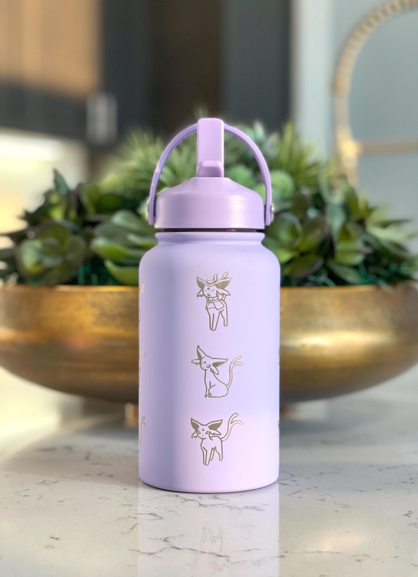 Cute Espeon Water Bottle with Straw, Pokemon Unite Tuxedo Style Top Hat Coffee Tumbler Waterbottle, Eeveelution Anime Fan Birthday Gift