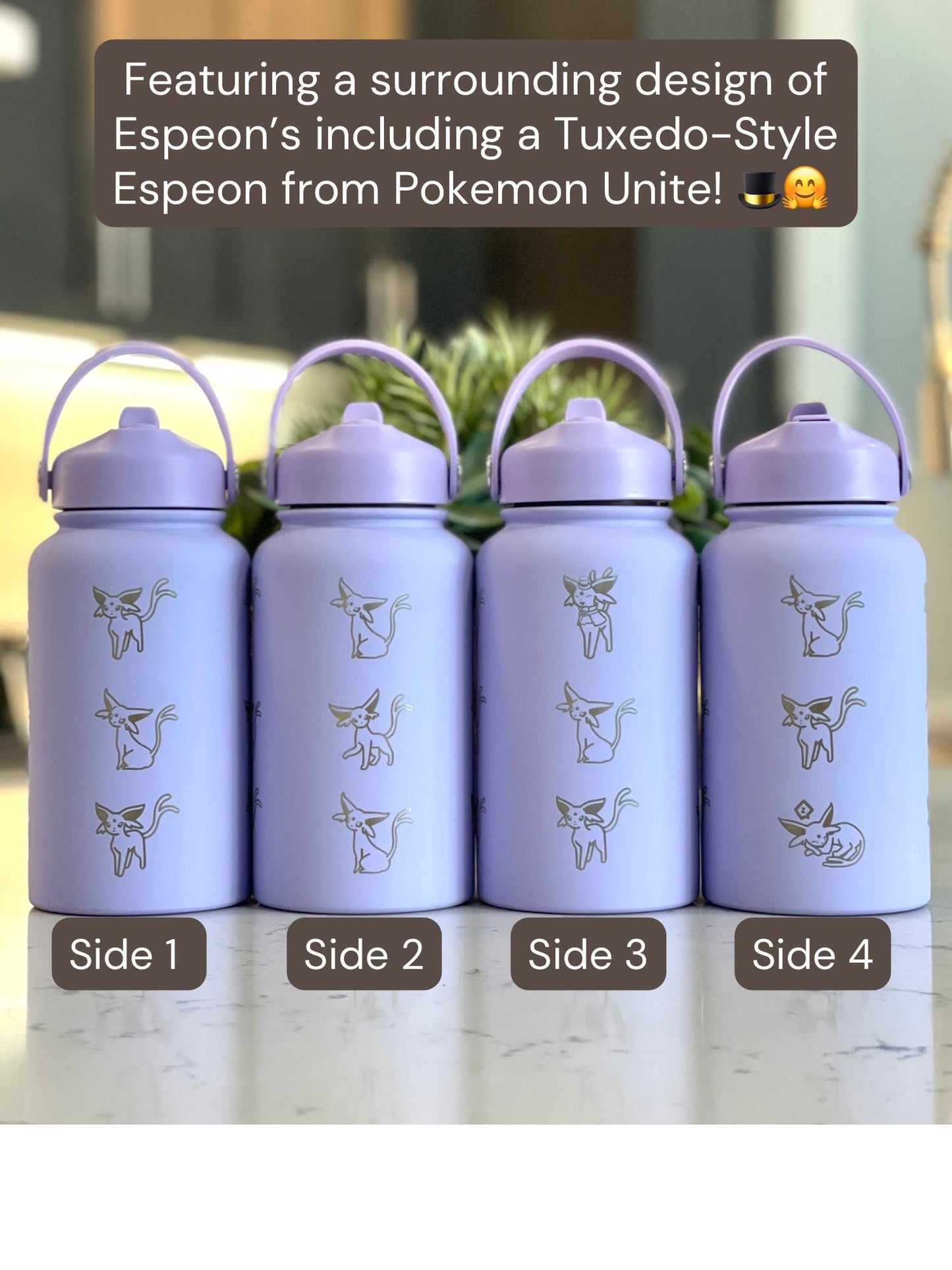 Cute Espeon Water Bottle with Straw, Pokemon Unite Tuxedo Style Top Hat Coffee Tumbler Waterbottle, Eeveelution Anime Fan Birthday Gift