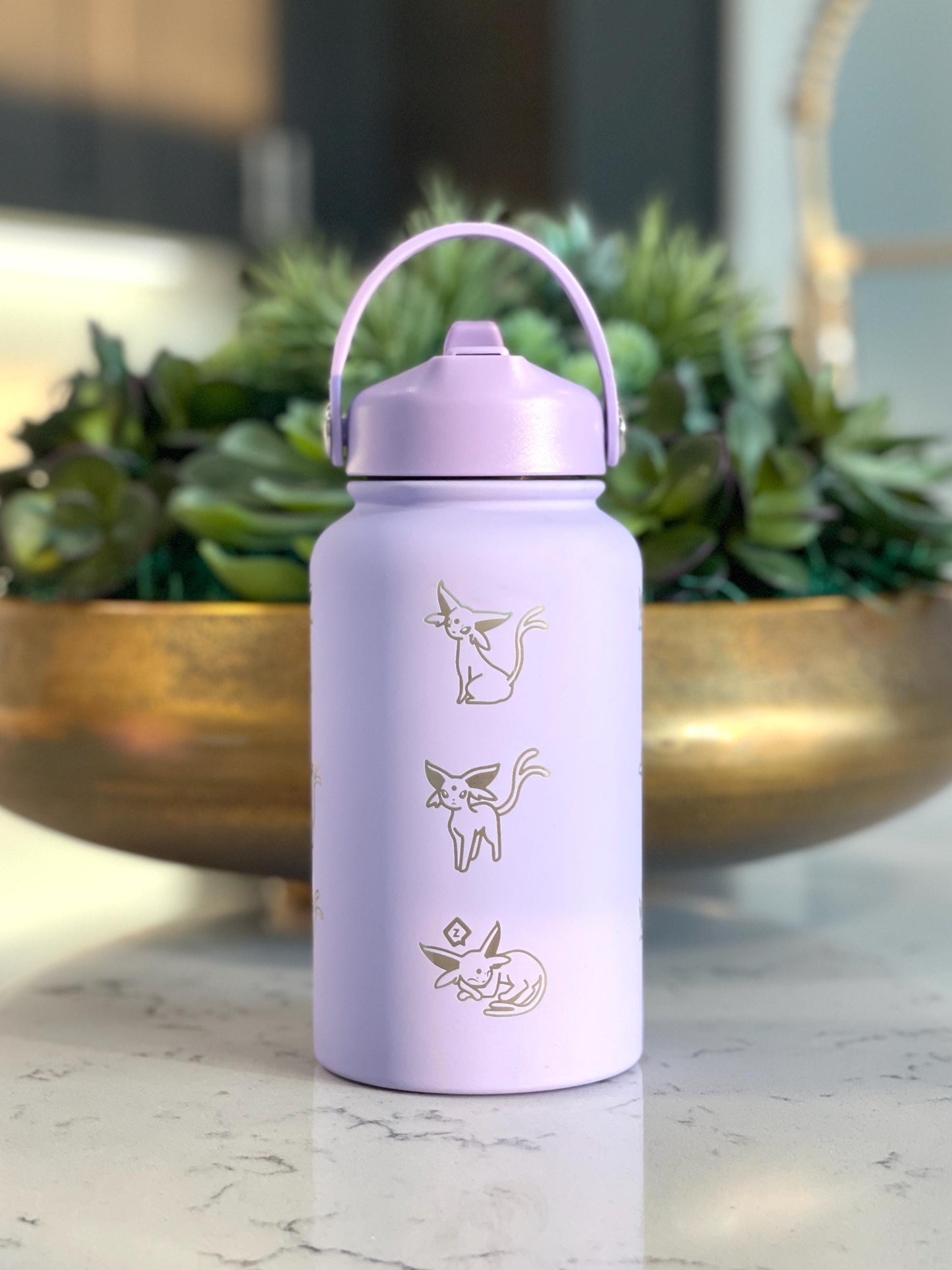 Cute Espeon Water Bottle with Straw, Pokemon Unite Tuxedo Style Top Hat Coffee Tumbler Waterbottle, Eeveelution Anime Fan Birthday Gift