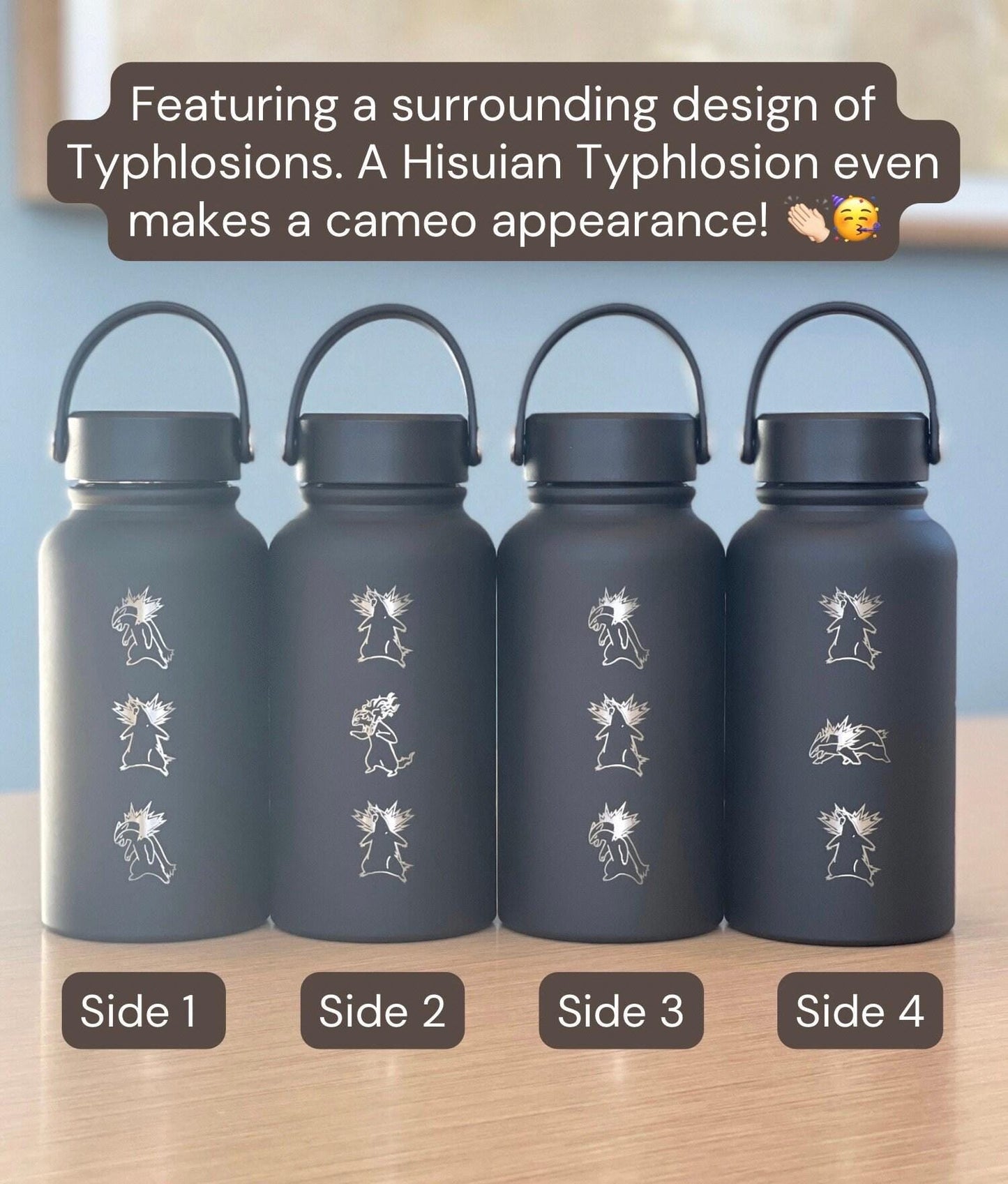 Typhlosion Pokemon Water Bottle with Hisuian Typhlosion, Waterbottle Coffee Tumbler with Tea Infuser, Johto Anime Fan Travel Mug Gift