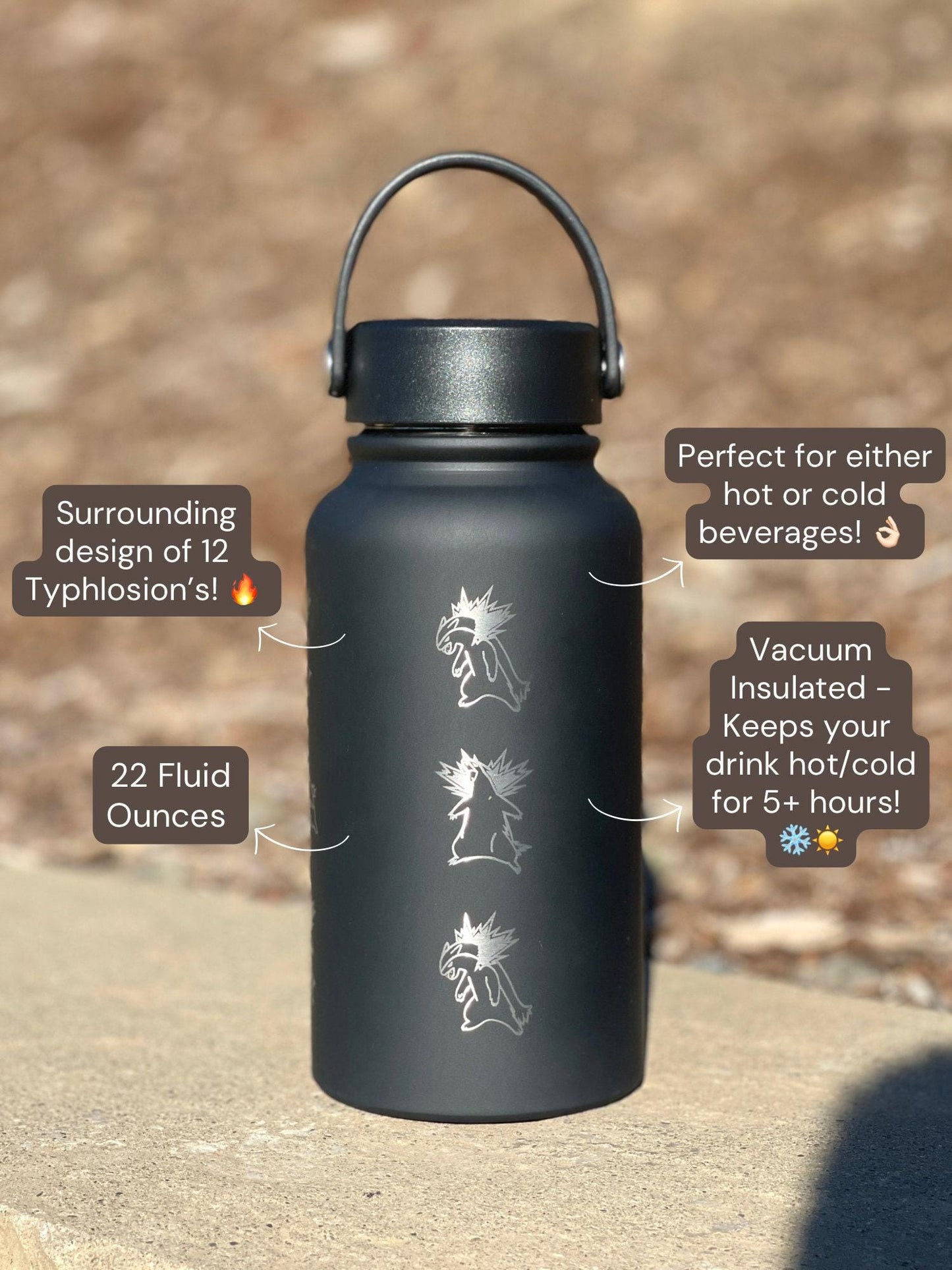 Typhlosion Pokemon Water Bottle with Hisuian Typhlosion, Waterbottle Coffee Tumbler with Tea Infuser, Johto Anime Fan Travel Mug Gift