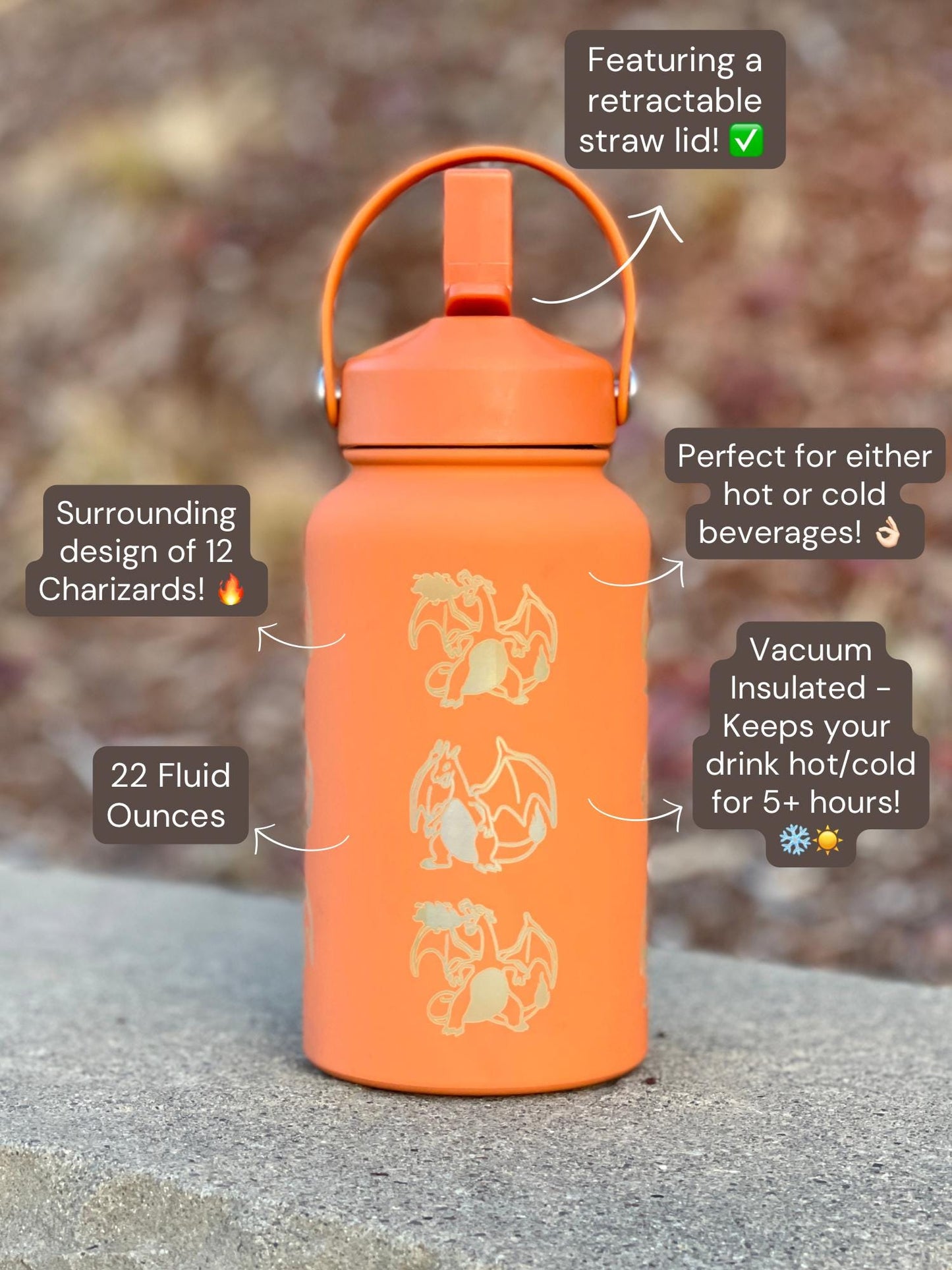 Charizard Straw Water Bottle with Mega Charizard Y, Starter Waterbottle Coffee Tumbler Thermos, Anime Birthday Gift For Men Boys