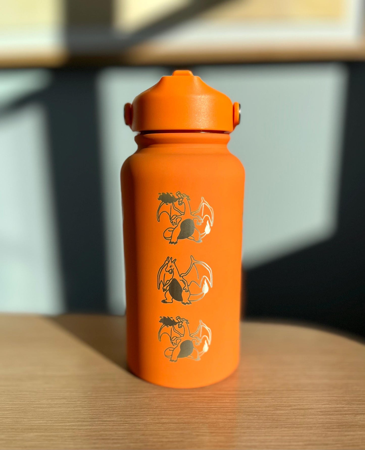 Charizard Straw Water Bottle with Mega Charizard Y, Starter Waterbottle Coffee Tumbler Thermos, Anime Birthday Gift For Men Boys
