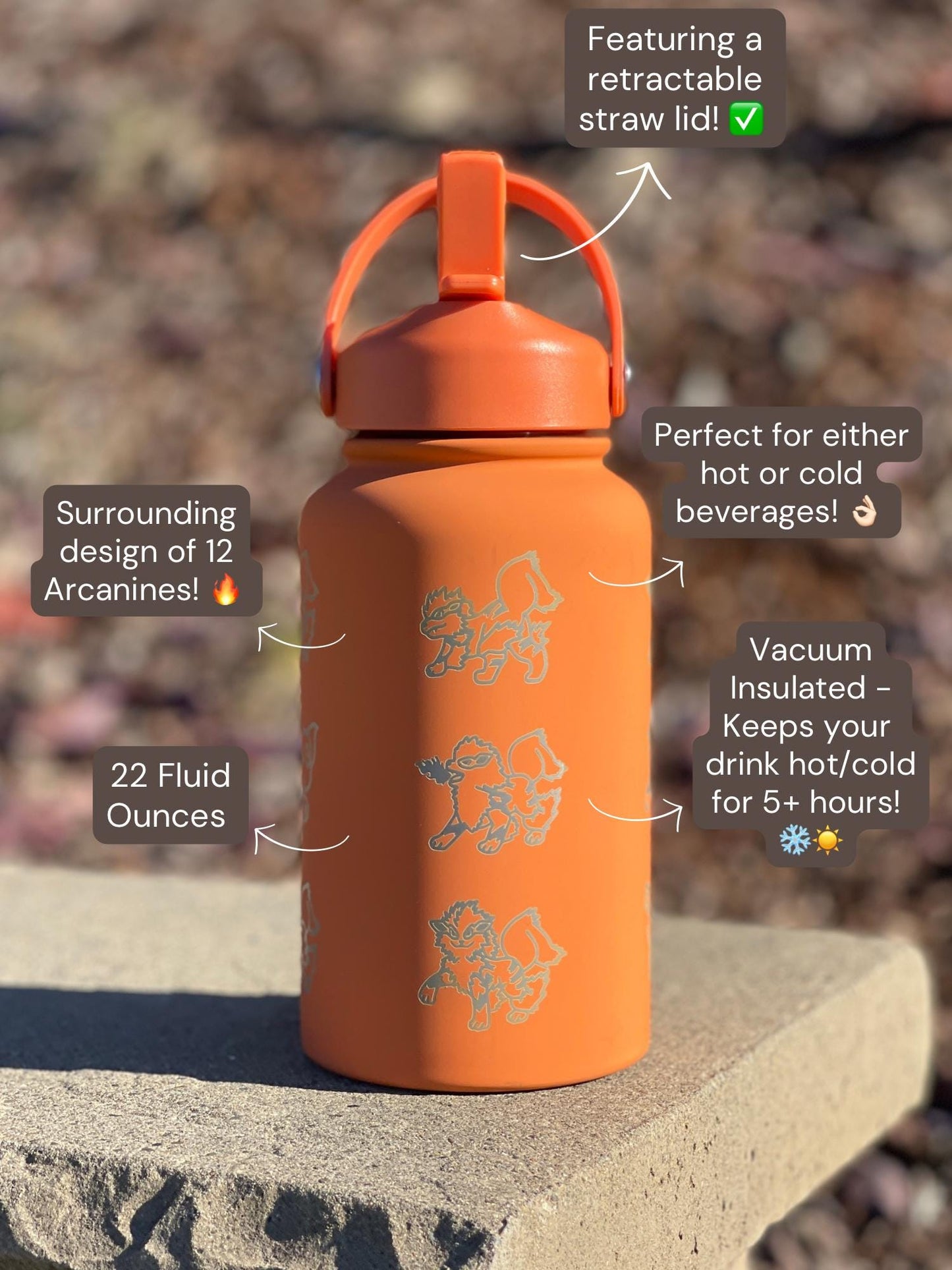 Arcanine Water Bottle, Hisuian Arcanine Engraved Straw Tumbler Gamer Waterbottle, Growlithe Fan Birthday Tea Flask Gift For Men Boys