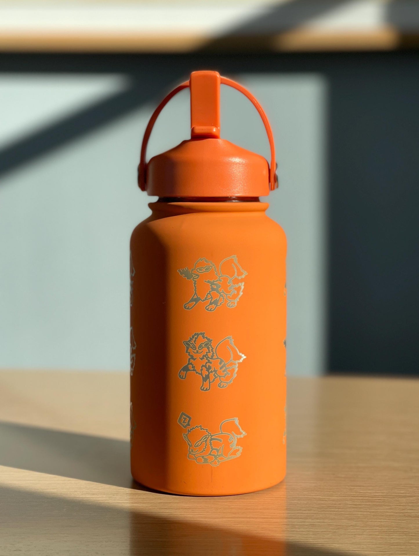 Arcanine Water Bottle, Hisuian Arcanine Engraved Straw Tumbler Gamer Waterbottle, Growlithe Fan Birthday Tea Flask Gift For Men Boys