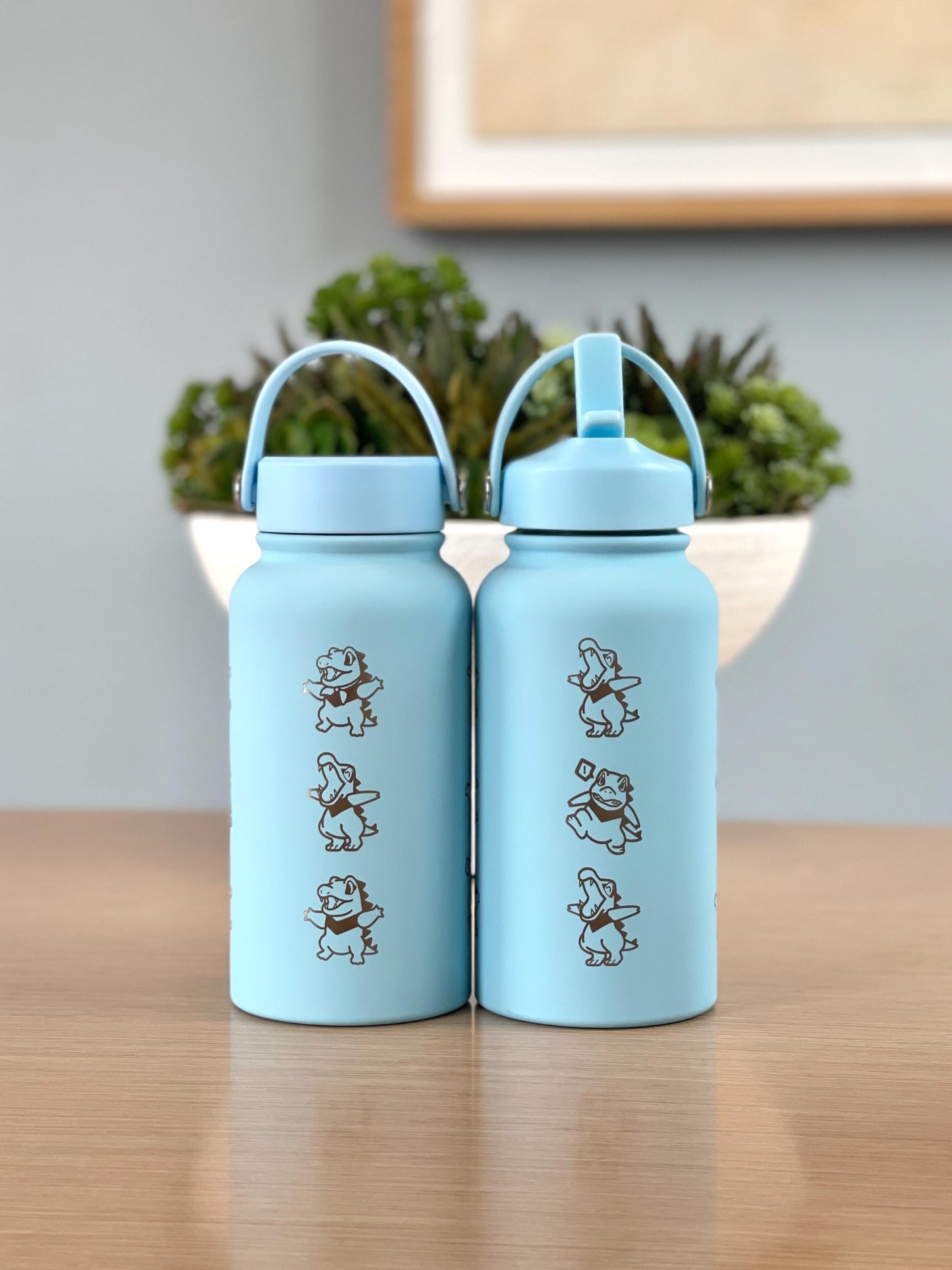 Cute Totodile Water Bottle Engraved Coffee Tumbler with Mystery Dungeon Scarf, Johto Starter Waterbottle Travel Mug, Anime Fan Birthday Gift