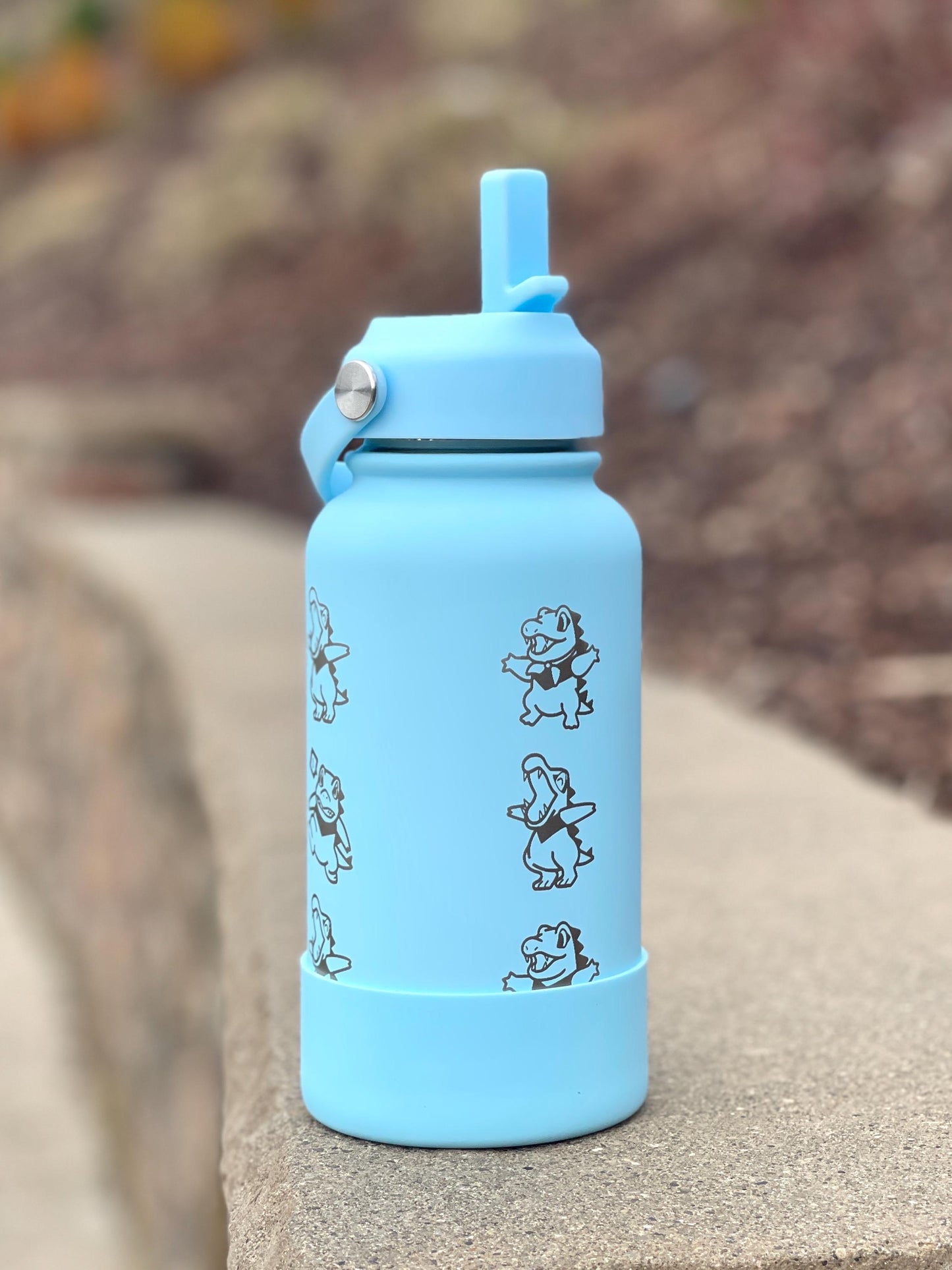 Cute Totodile Water Bottle Engraved Coffee Tumbler with Mystery Dungeon Scarf, Johto Starter Waterbottle Travel Mug, Anime Fan Birthday Gift