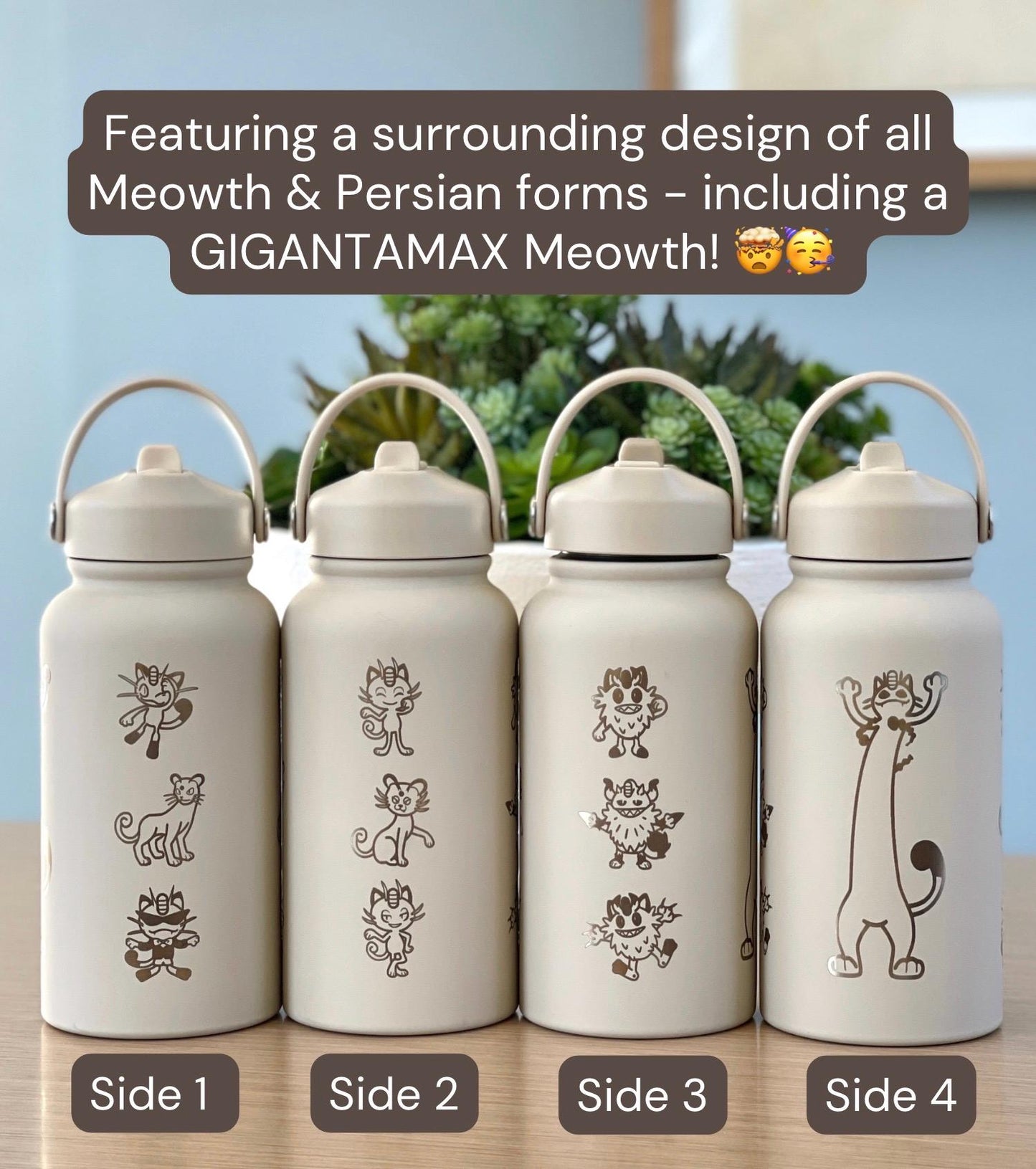 Meowth Persian Water Bottle Engraved Coffee Tumbler with Perrserker Alolan Galarian & Gigantamax Version, Team Rocket Anime Waterbottle Gift