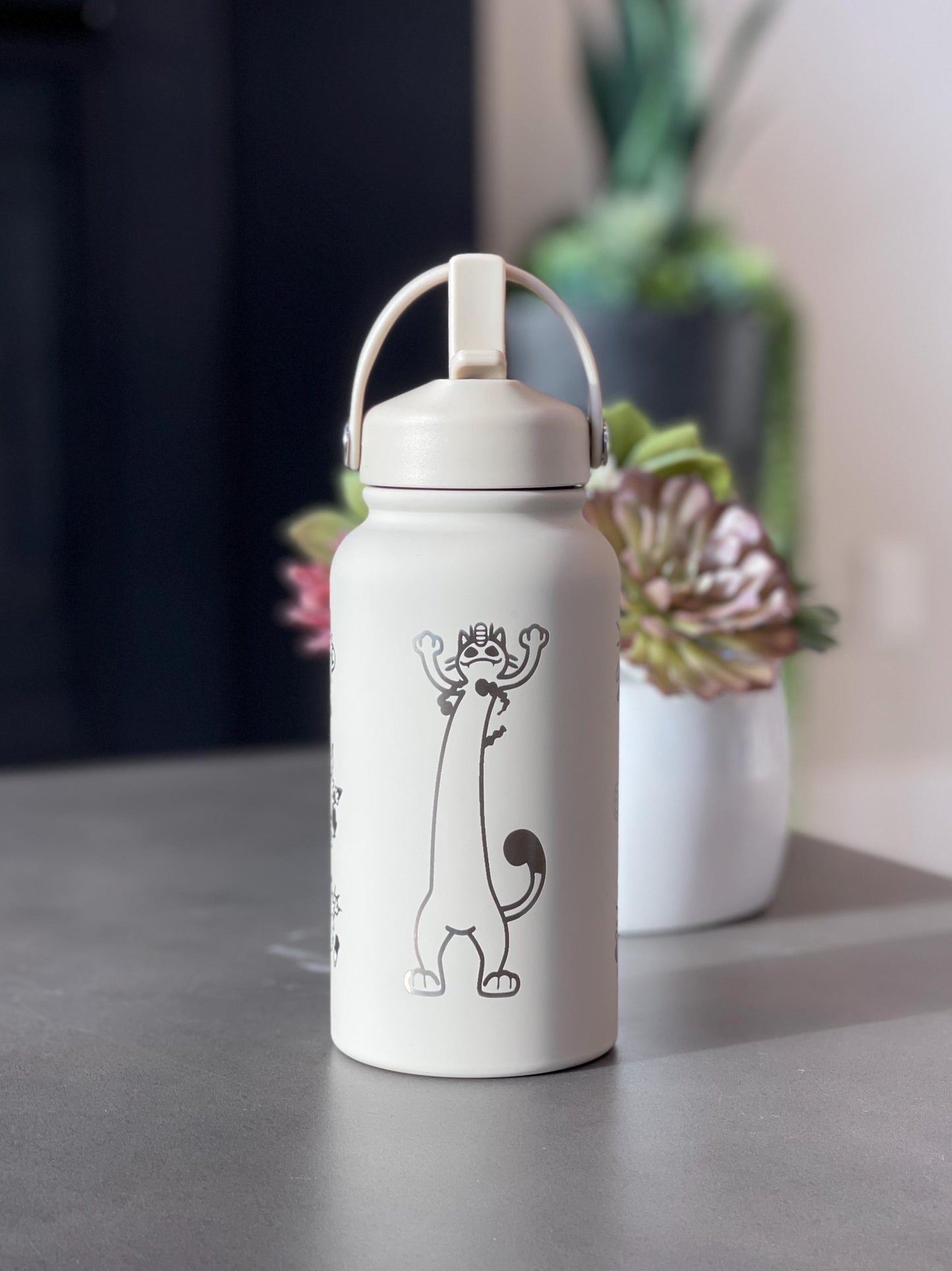Meowth Persian Water Bottle Engraved Coffee Tumbler with Perrserker Alolan Galarian & Gigantamax Version, Team Rocket Anime Waterbottle Gift