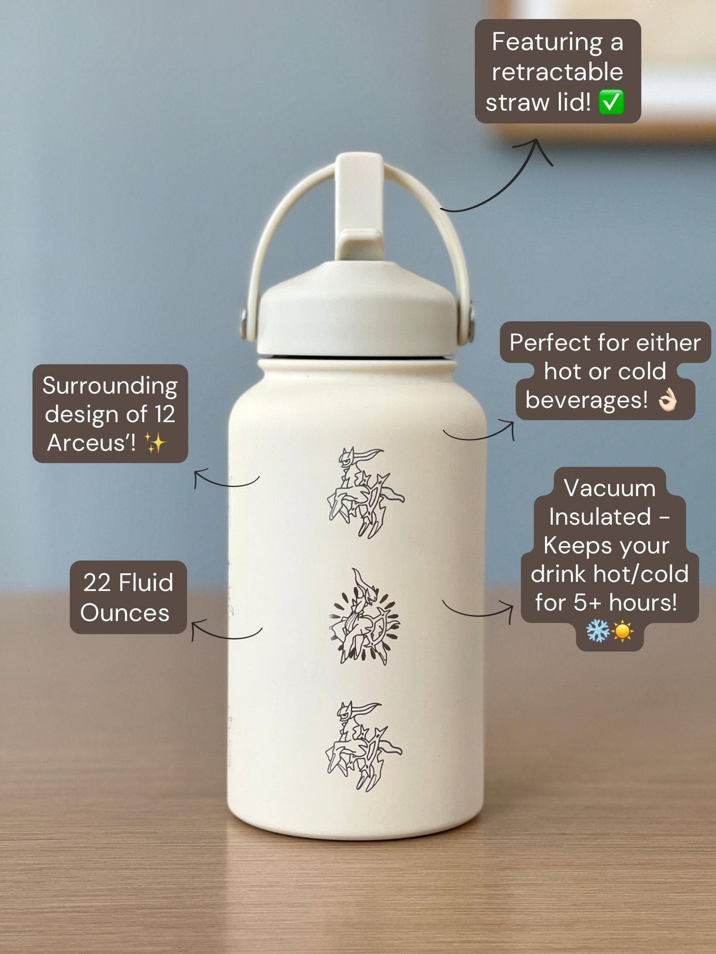 Arceus Pokemon Water Bottle with Straw Handle, Pokemon Legends Sinnoh Mythical Waterbottle Coffee Tumbler, Anime Fan Travel Mug Cup Gift