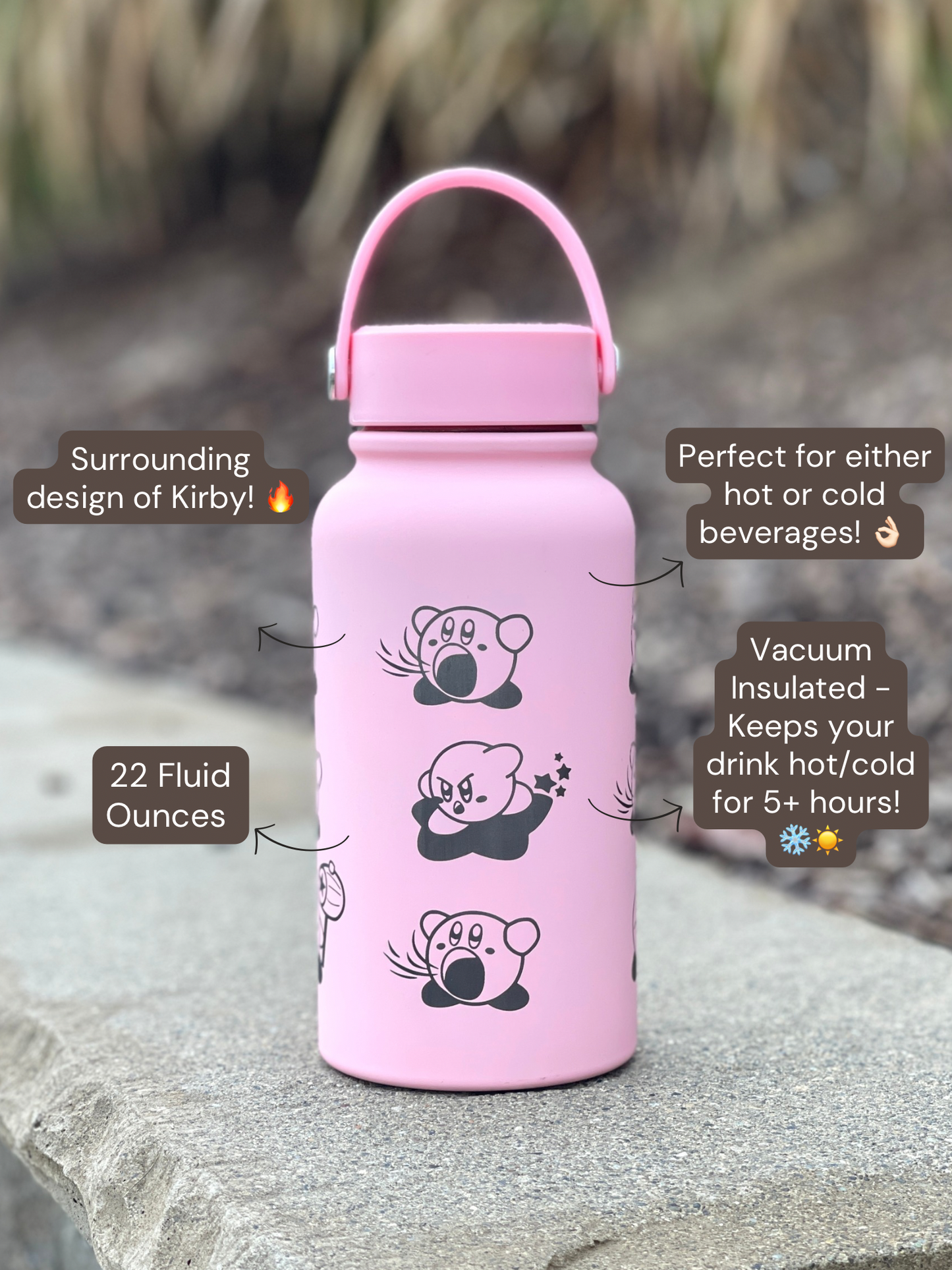 Kirby Water Bottle Engraved Waterbottle with Knife Kirby Warp Star & Hammer Coffee Tumbler Thermos, Gamer Anniversary Gift