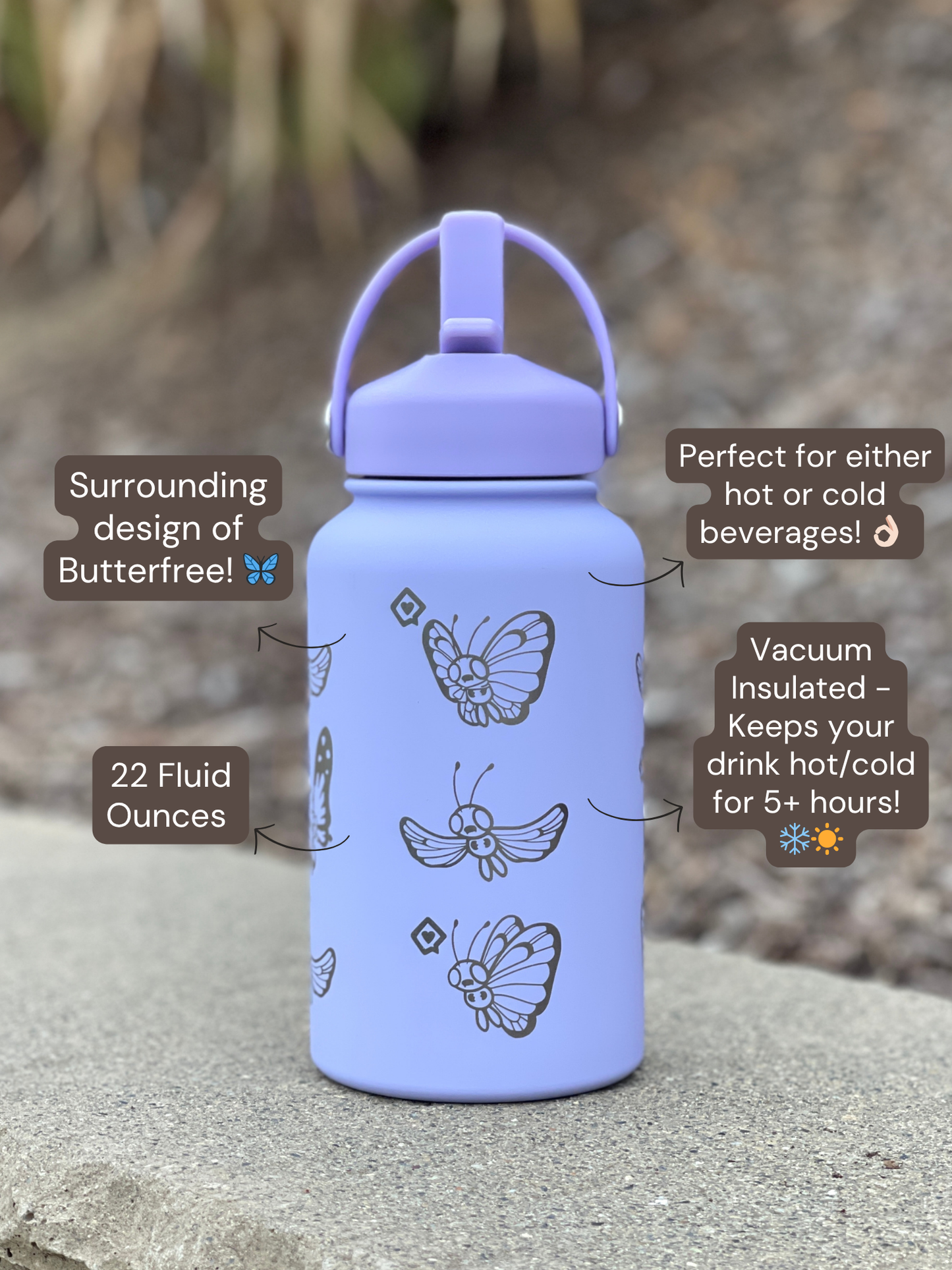 Butterfree Water Bottle Engraved Coffee Tumbler with Gigantamax Butterfree, Cute Butterfly Bug Thermos Anime Fan Birthday Gift