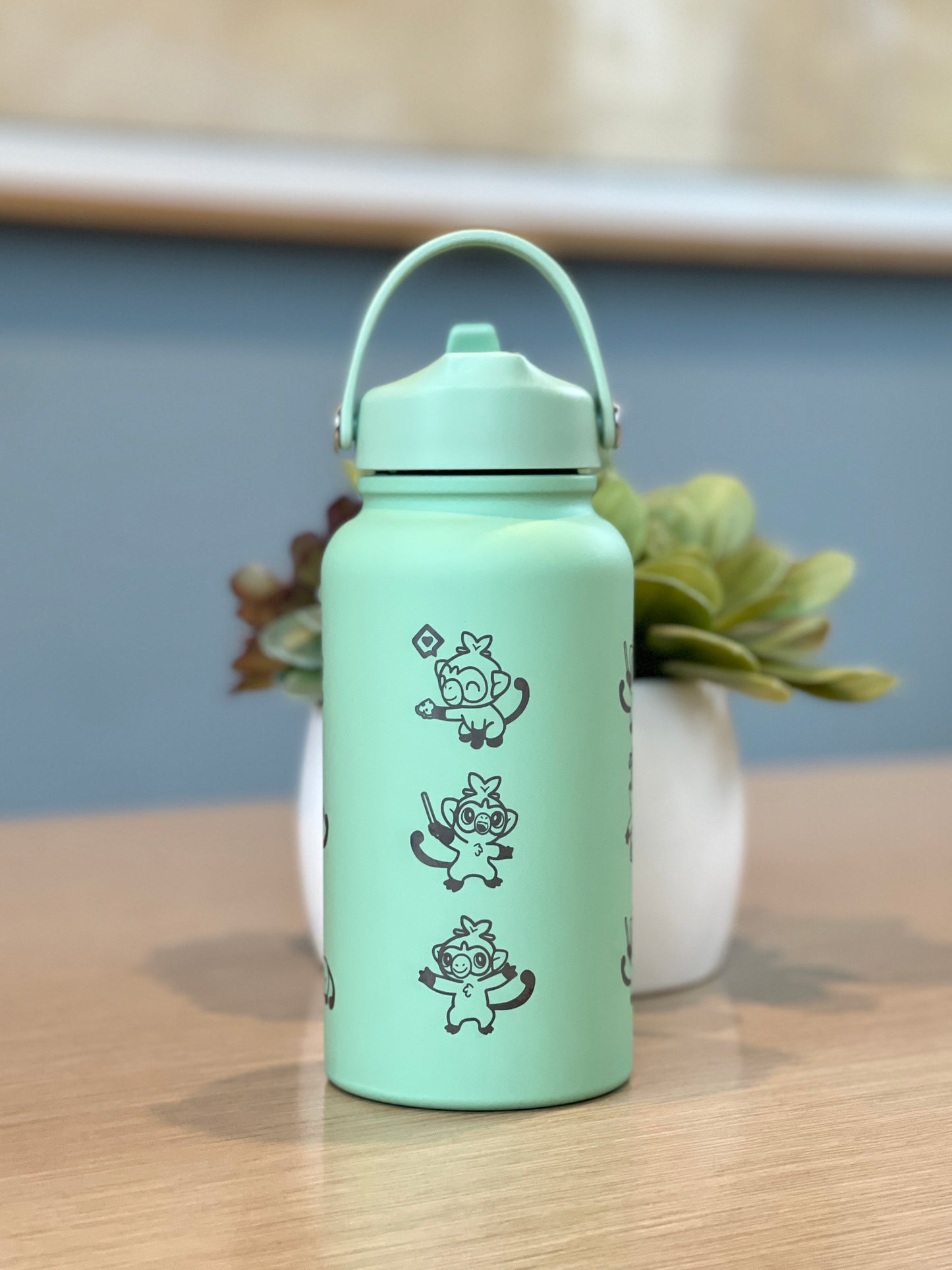 Grookey Water Bottle Engraved Coffee Tumbler with Sleeping & Angry Grookey, Grass Starter Thermos Anime Fan Birthday Gift