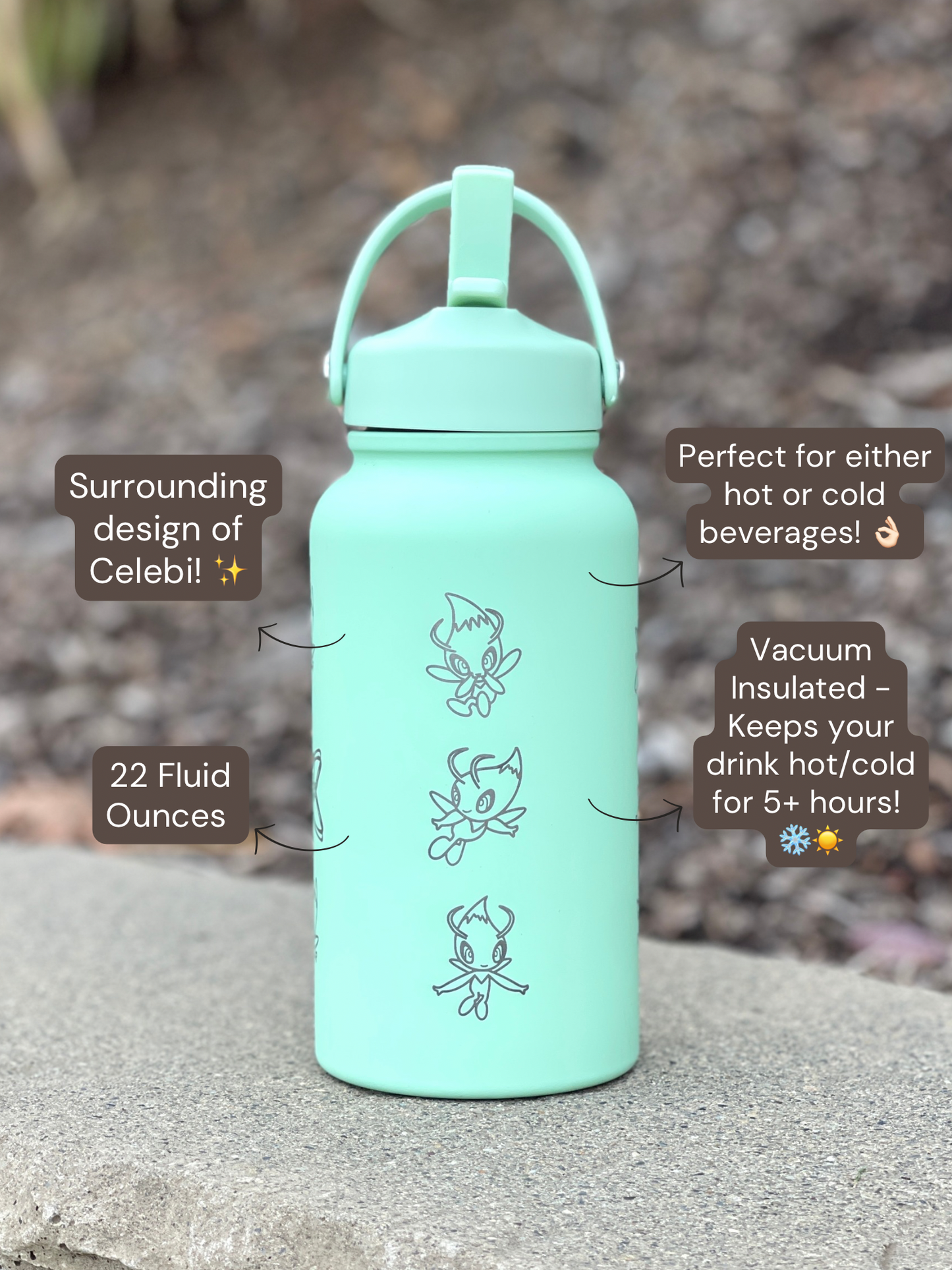 Celebi Water Bottle Engraved Coffee Tumbler with Time Traveling Celebi Johto 4Ever Movie Waterbottle Thermos Anime Fan Birthday Gift