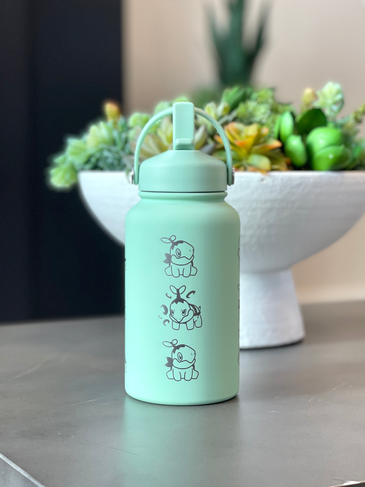 Turtwig Water Bottle Engraved Coffee Tumbler with Sleeping & Angry Turtwig Maid, Waterbottle, Grass Starter Thermos Anime Fan Birthday Gift