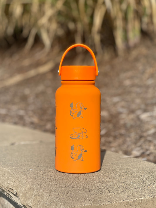 Charmander Water Bottle Engraved Coffee Tea Tumbler with Sleeping Charmander Leaf, Fire Kanto Starter Waterbottle, Gamer Birthday Gift
