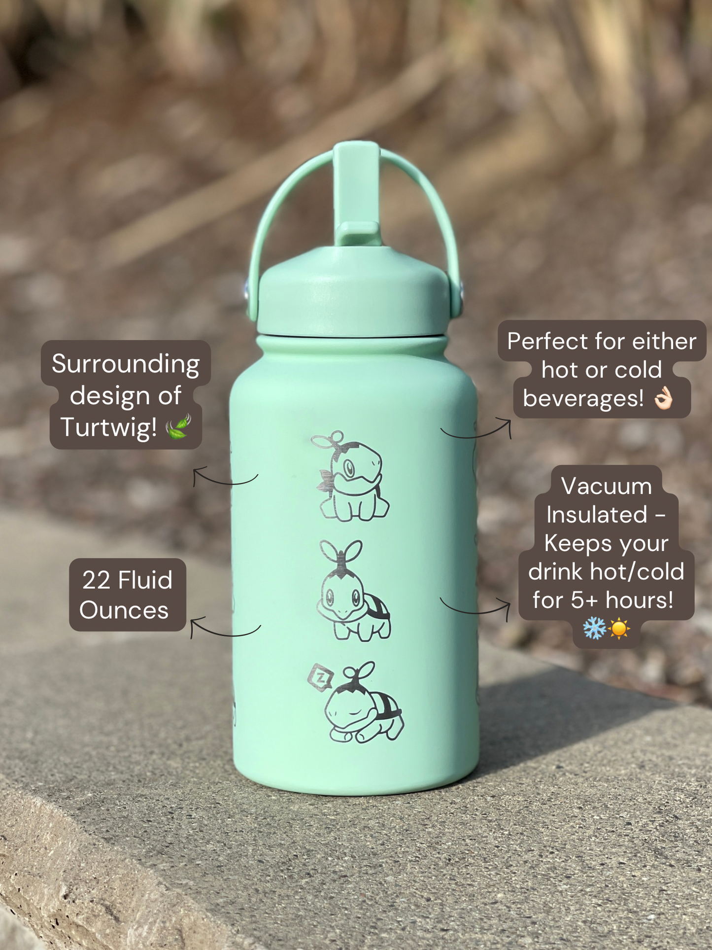 Turtwig Water Bottle Engraved Coffee Tumbler with Sleeping & Angry Turtwig Maid, Waterbottle, Grass Starter Thermos Anime Fan Birthday Gift