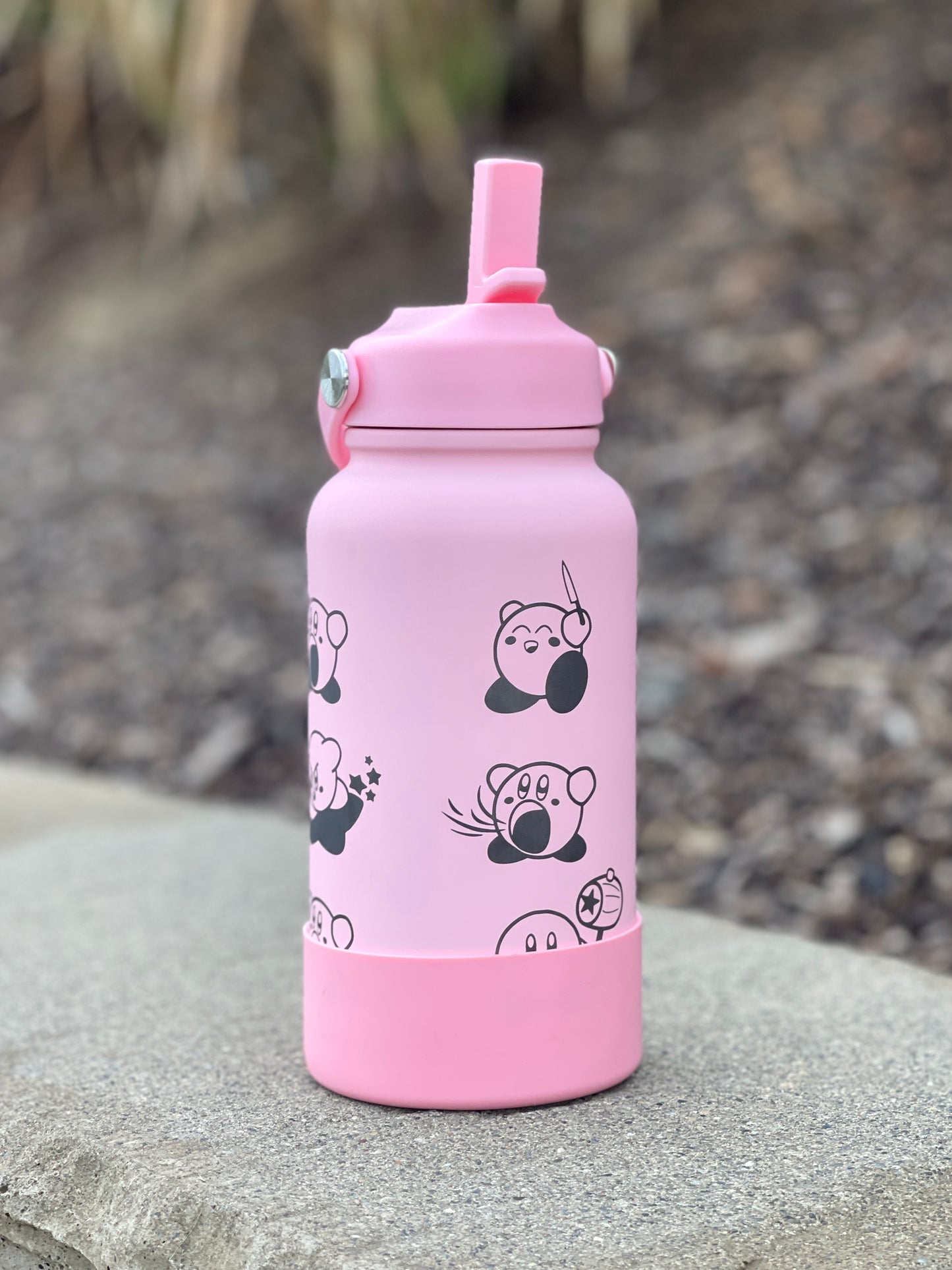 Kirby Water Bottle Engraved Waterbottle with Knife Kirby Warp Star & Hammer Coffee Tumbler Thermos, Gamer Anniversary Gift
