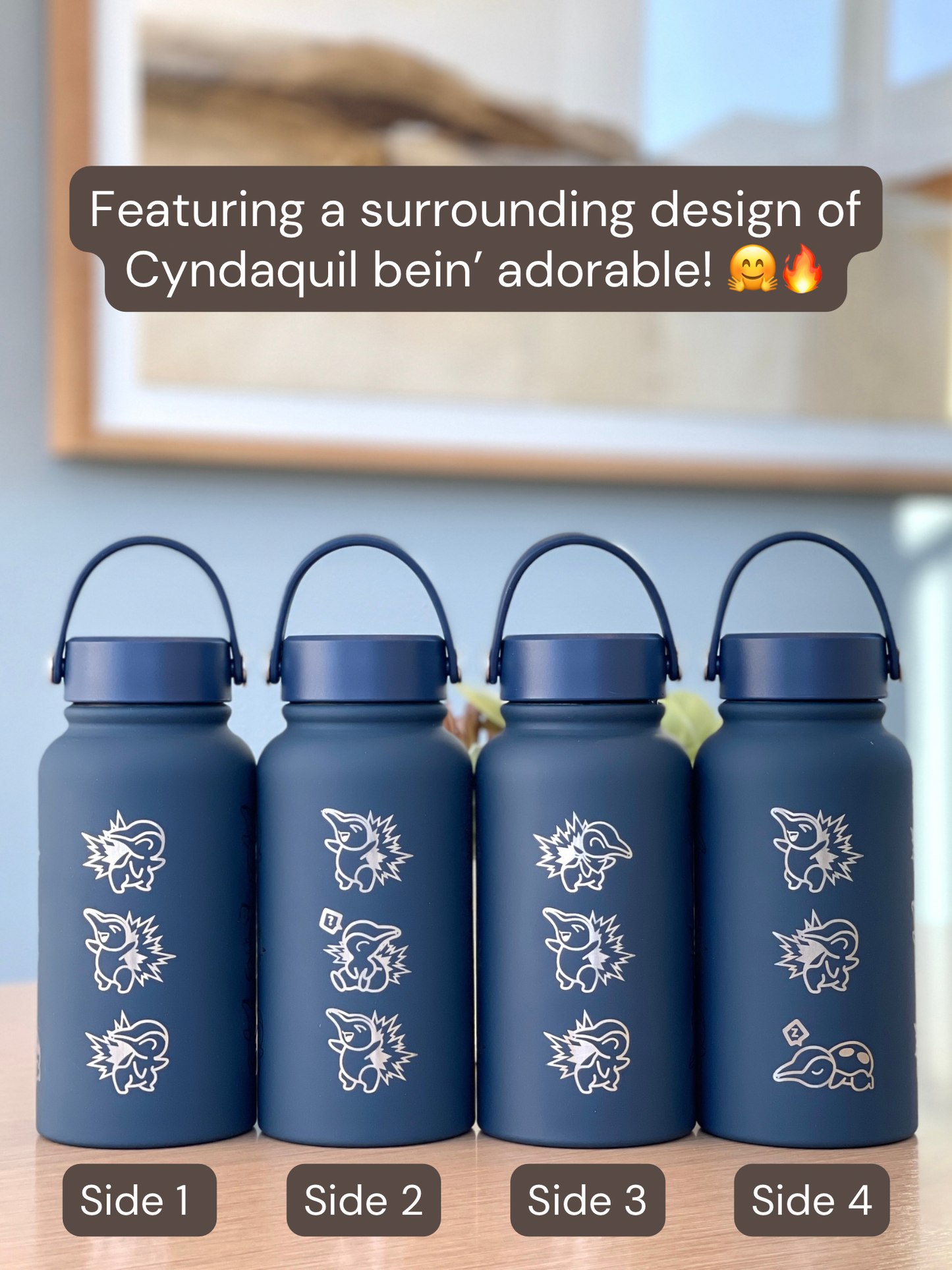 Cyndaquil Water Bottle Engraved Water Bottle with Mystery Dungeon Scarf & Sleeping Cyndaquil, Johto Fire Starter Coffee Tumbler Travel Mug, Gamer Anniversary Gift