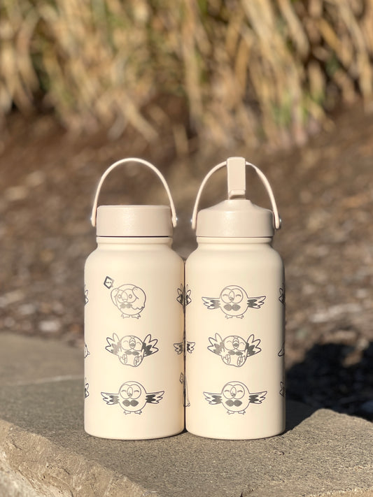 Rowlet Water Bottle Engraved Waterbottle, Alolan Grass Starter Coffee Tumbler Thermos Travel Mug, Cute Owl Gamer Anniversary Gift