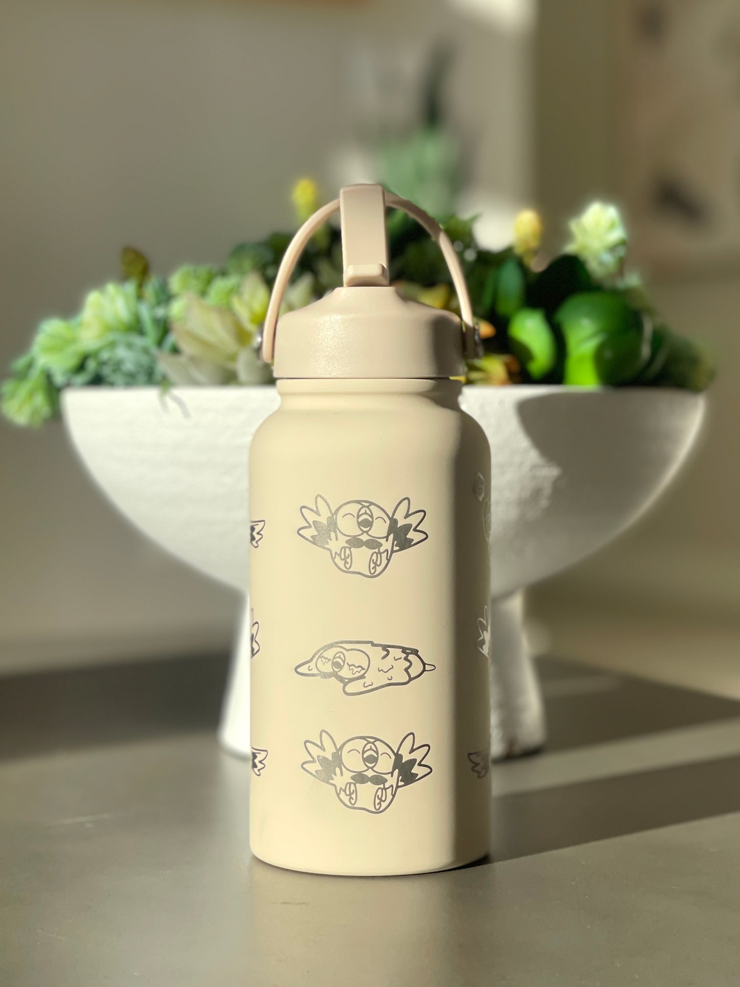 Rowlet Water Bottle Engraved Waterbottle, Alolan Grass Starter Coffee Tumbler Thermos Travel Mug, Cute Owl Gamer Anniversary Gift