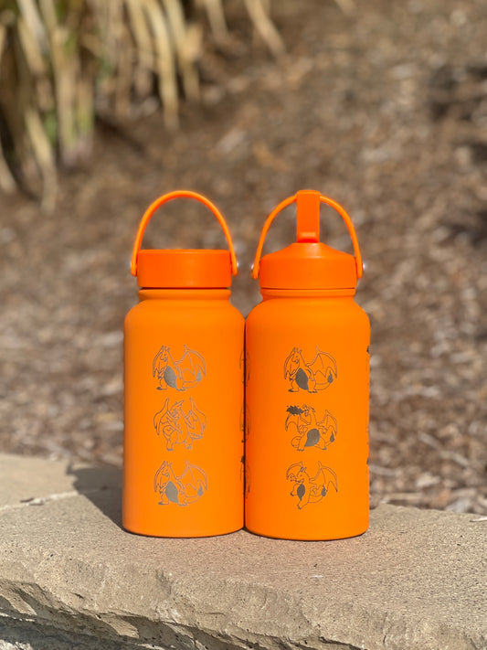 Charizard Water Bottle Engraved Straw Waterbottle with Mega Charizard Y, Kanto Starter Coffee Tumbler Thermos Flask, Gamer Anniversary Gift