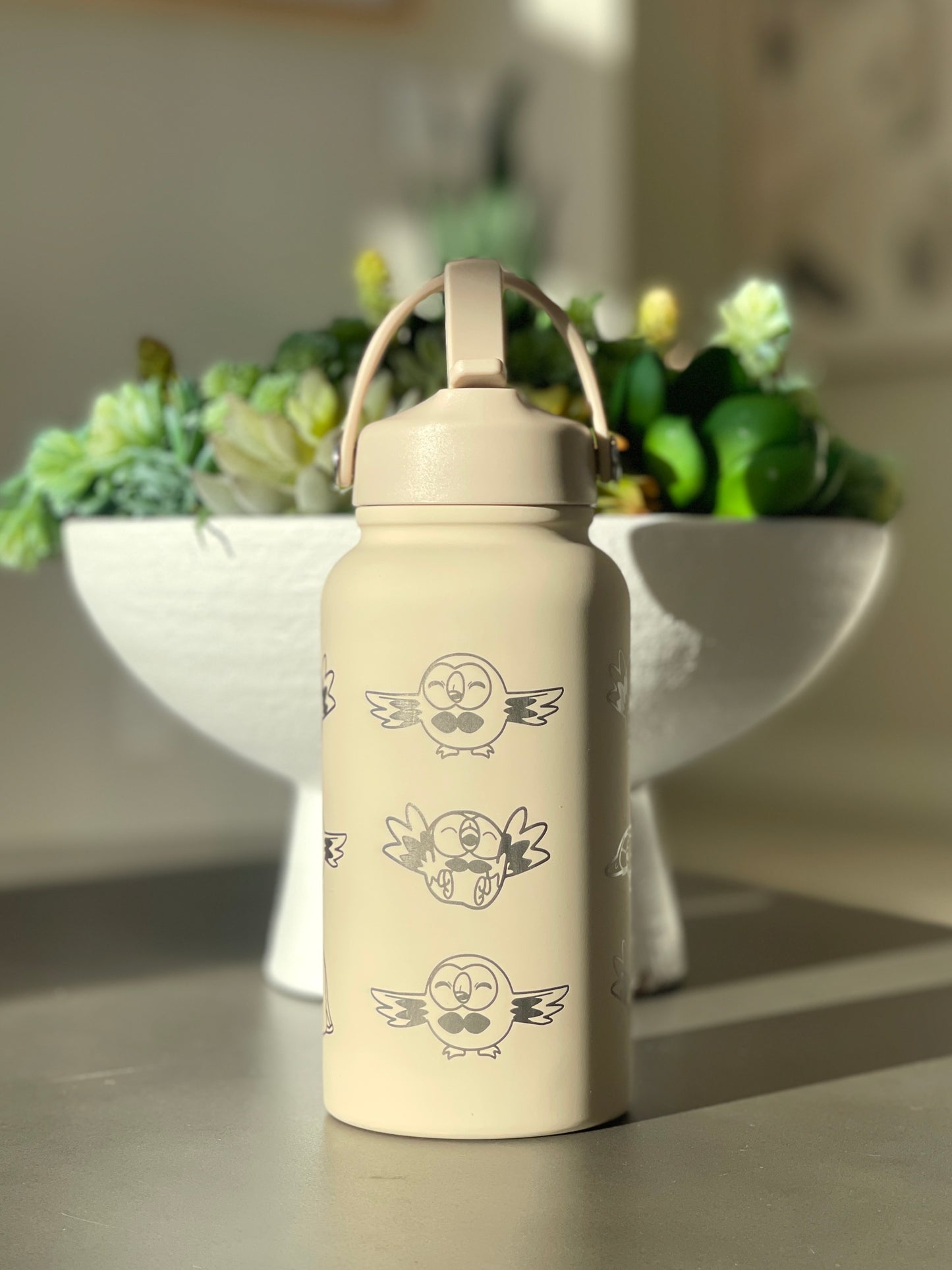 Rowlet Water Bottle Engraved Waterbottle, Alolan Grass Starter Coffee Tumbler Thermos Travel Mug, Cute Owl Gamer Anniversary Gift