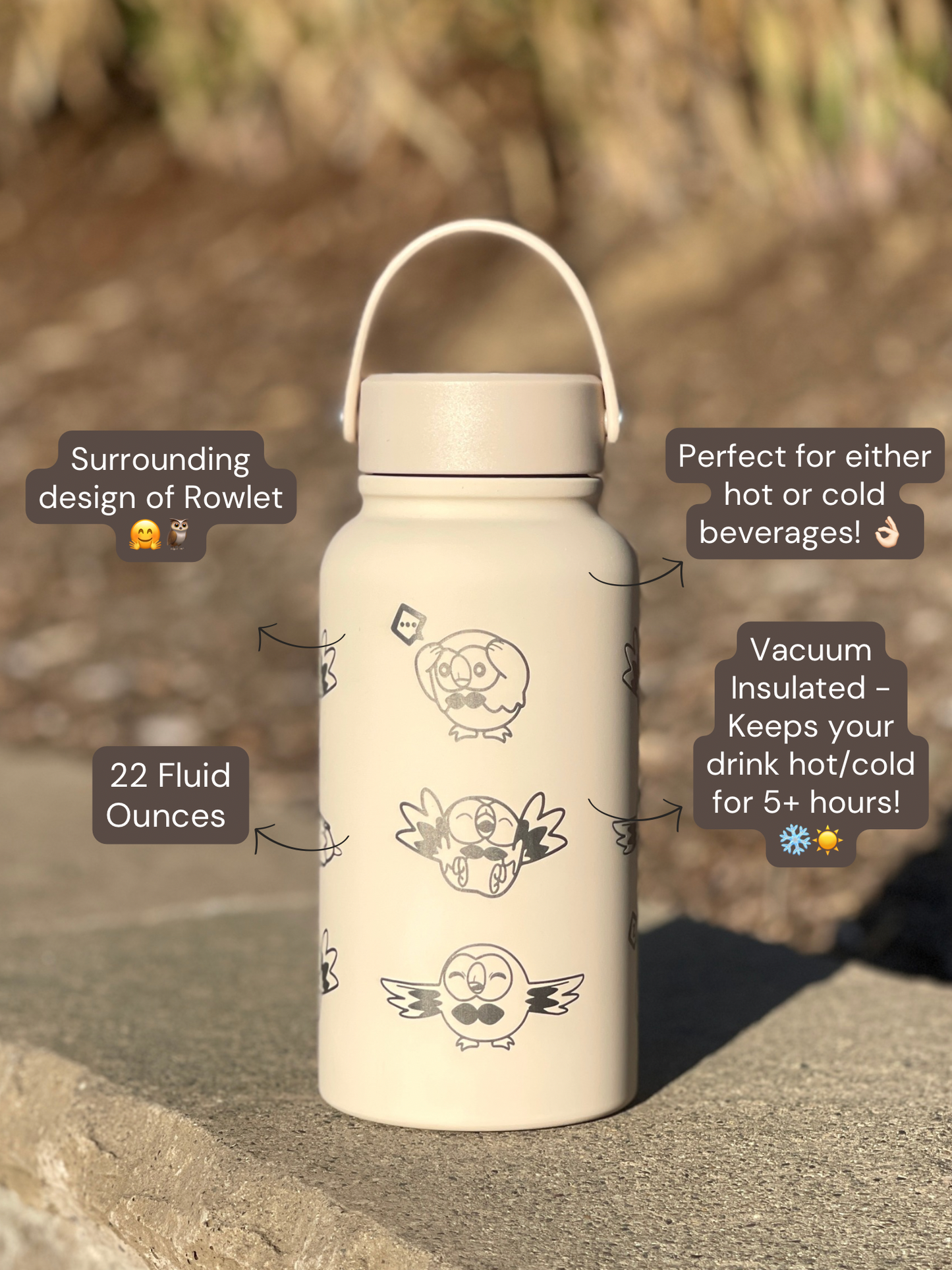 Rowlet Water Bottle Engraved Waterbottle, Alolan Grass Starter Coffee Tumbler Thermos Travel Mug, Cute Owl Gamer Anniversary Gift