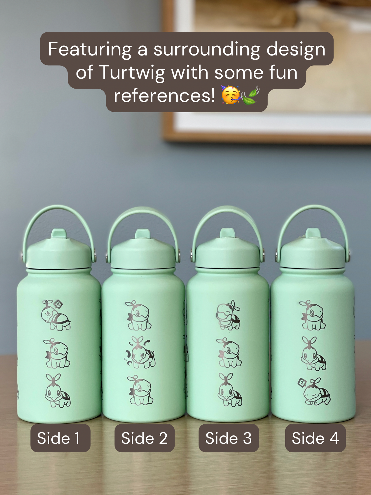 Turtwig Water Bottle Engraved Coffee Tumbler with Sleeping & Angry Turtwig Maid, Waterbottle, Grass Starter Thermos Anime Fan Birthday Gift