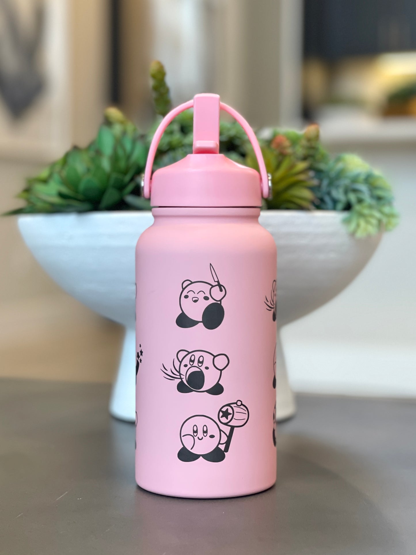 Kirby Water Bottle Engraved Waterbottle with Knife Kirby Warp Star & Hammer Coffee Tumbler Thermos, Gamer Anniversary Gift